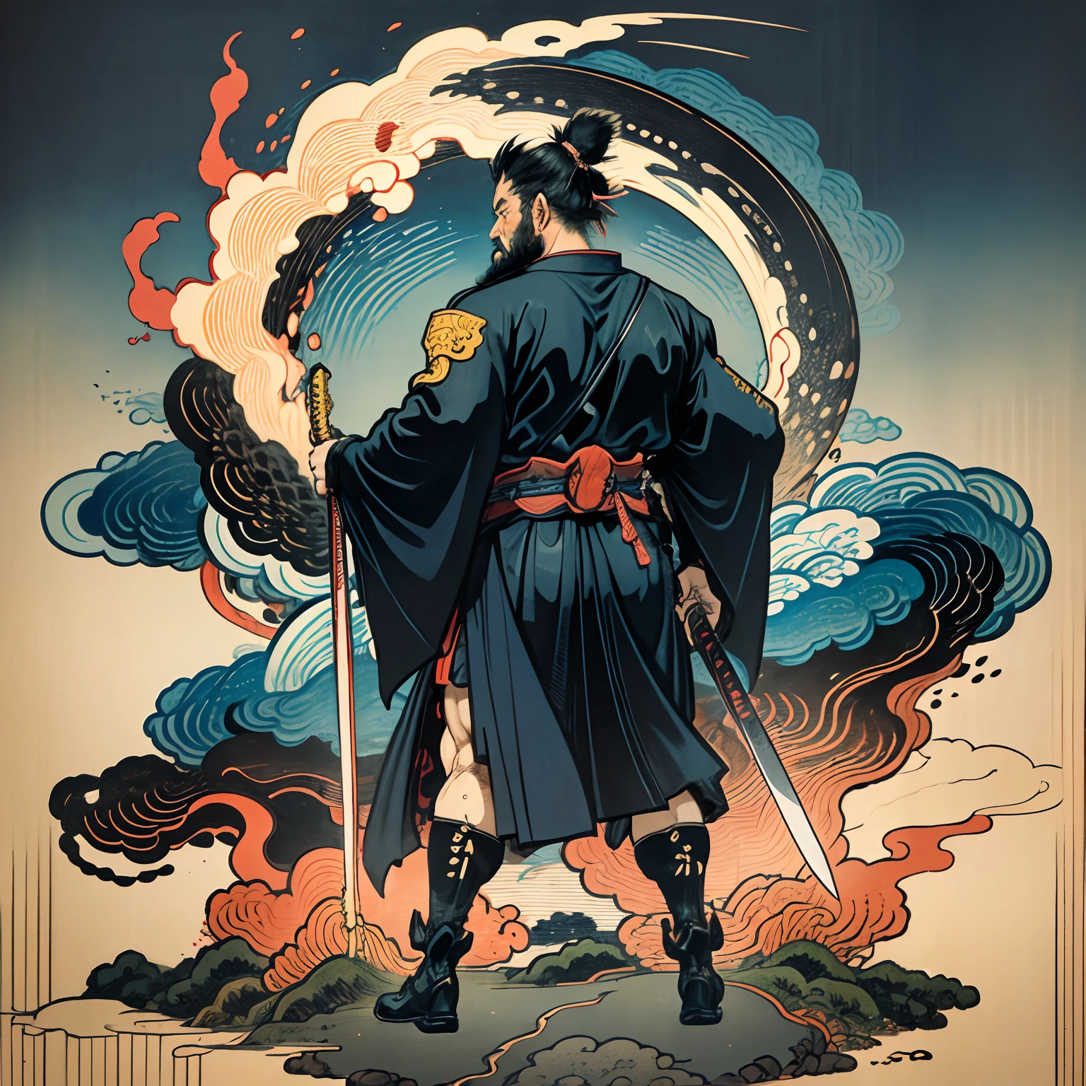 Es una pintura de cuerpo entero con colores naturales con dibujos lineales al estilo Katsushika Hokusai.. El espadachín Miyamoto Musashi tiene un cuerpo grande como el de un hombre fuerte.. Samurái de Japón. Tiene una expresión de determinación digna pero varonil., Pelo negro corto, y un corto, barba recortada. La parte superior de su cuerpo está cubierta con un kimono negro y su hakama llega hasta las rodillas.. En su mano derecha sostiene una espada japonesa.. en la más alta calidad, en alta resolución, estilo ukiyo-e, relámpagos y llamas arremolinadas de la obra maestra. Miyamoto Musashi está de pie con la cara y el cuerpo mirando hacia adelante., su espalda recta.