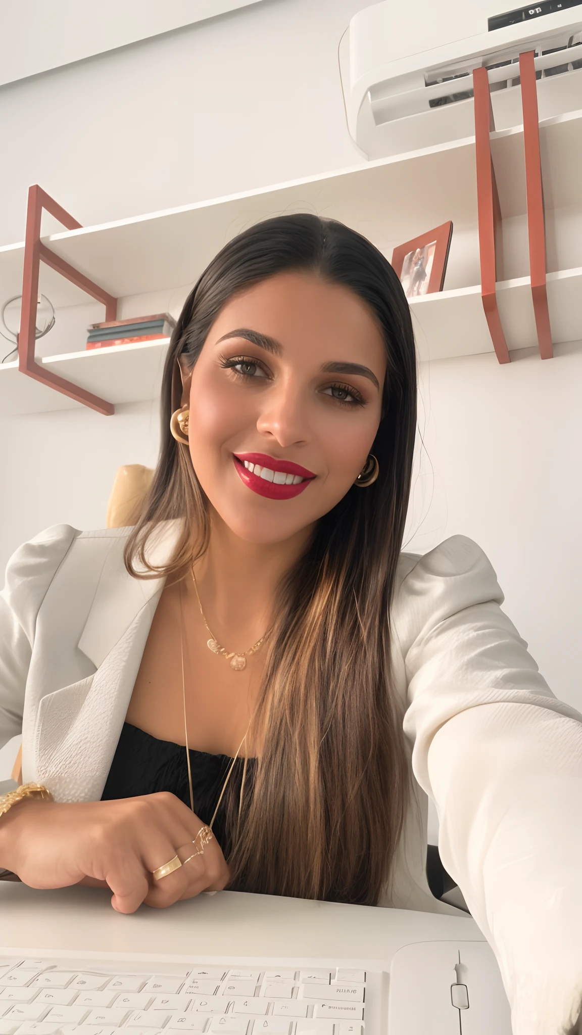 sombre et sombre, 8k, photo en gros plan d&#39;une femme d&#39;affaires brésilienne brune de 30 ans, fond sombre la nuit, (cheveux châtain foncé réalistes, raides et avec des ondes lumineuses) , Se maquiller, lèvres rouges, yeux marrons, (portant un blazer de couture Chanel noir, chemisier en soie noire et pantalon de tailleur droit noir), regarder avec confiance, hyper réaliste, {une fille avec une très belle peau olive},  (peau très détaillée: 1.2) {{{chef-d&#39;œuvre}}}, texture réaliste, composition dynamique, Fujifilm XT2, 85mm f1.2, Vitesse d&#39;obturation 1/80, (bokeh), contraste élevé