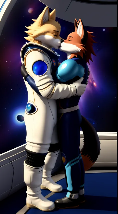 vintage 90's anime style, male, tanngrisnir, detailed fur, wearing space suit BREAK (male canid:1.2), detailed fur, wearing space suit, romantic couple, hugging, kissing, starship interior 3D ULTRA HD 8K