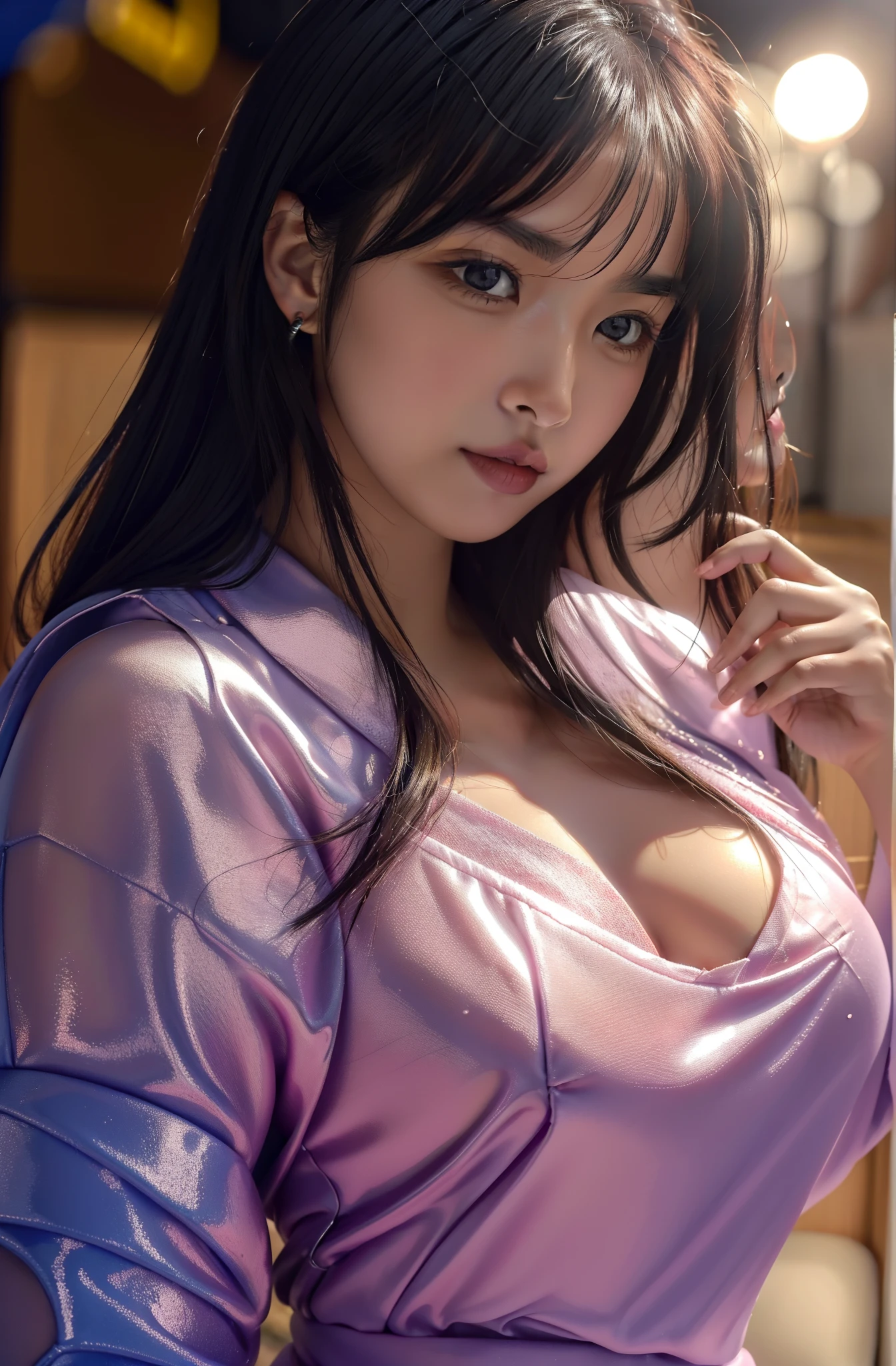 Masterpiece artwork, better qualidade, super verbose, high resolution, very detailled, 8K  UHD, , (Fidelity, Fidelity: 1,5), (highly detailed skin: 0,9), (Visible pores: 0,6), real skin texture, ((a Japanese woman, standing alone)), ((face detailed)), (naturallight), Awesome, photon maping, radiosity, Amazing physically-based rendering, fine-details, better, high qualiy, Foto RAW, (bokeh: 1.2), realisitic, (Depth of field: 0.5),(Detail Apparel Features), realskin, pure rerosface_v1, extreme detailed face, perfect lighting, 1girl, hinata, hyuuga hinata, big six ,Girl 18 years old ,breasts big , low-cut clothing, white sweatshirt