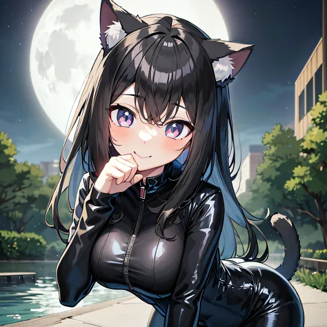 anime girl in black catsuit posing in front of full moon, a slight smil,  attractive cat girl, cute anime catgirl, beautiful ani...