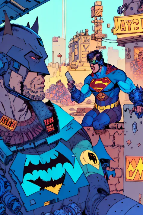 batman and superman hangover on junkyard, by josan gonzalez