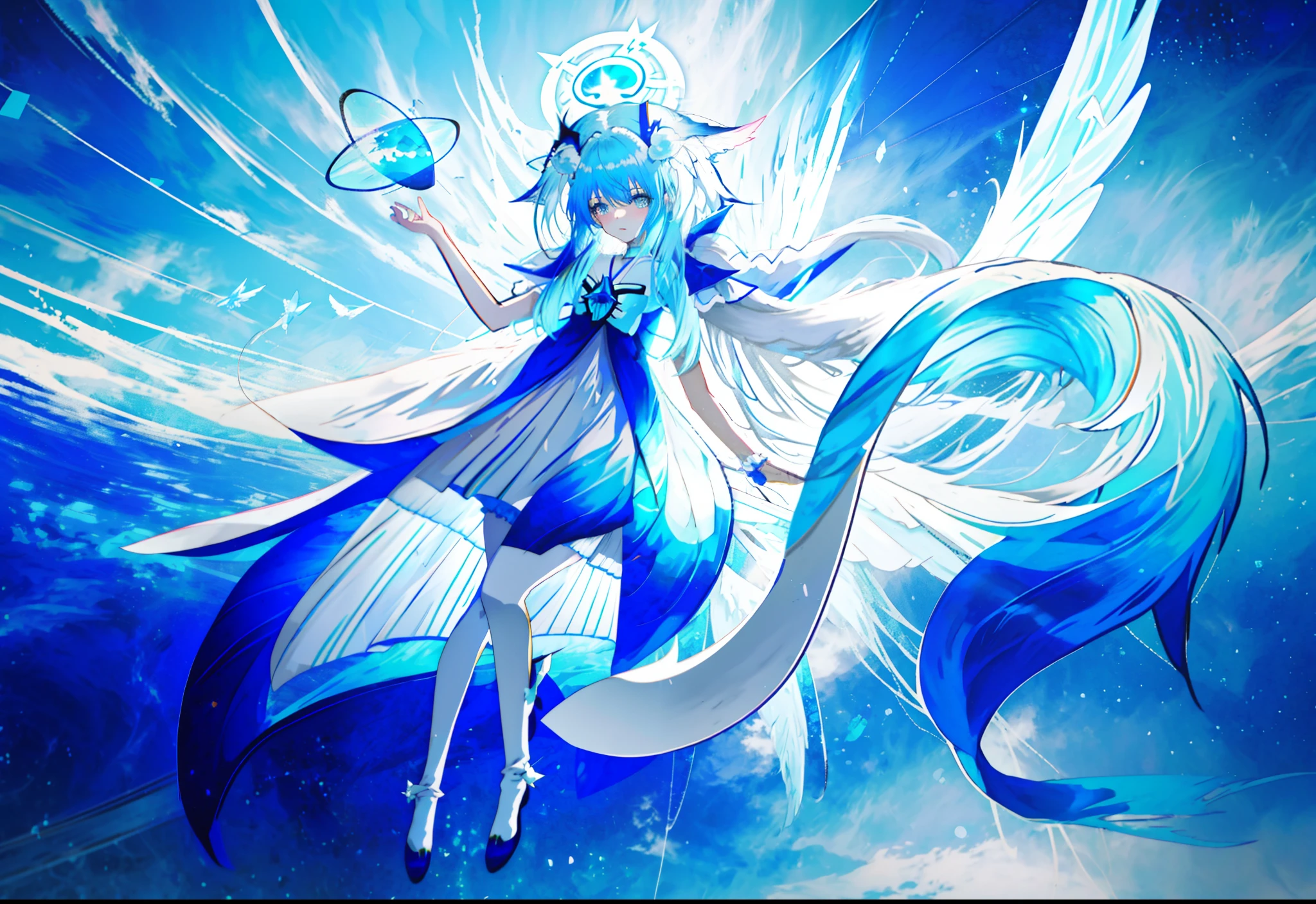 Chica anime con cabello azul y vestido blanco., cuerpo completo adoptable, fursona humanoide de pelo largo, rimuru tempest, dios de pelo blanco, bruja del cielo, chica anime con cabello cósmico, chica monstruo anime, hada astral,  astral etéreo, diosa del anime, shirabii, furaffinity fursona, celestial aura