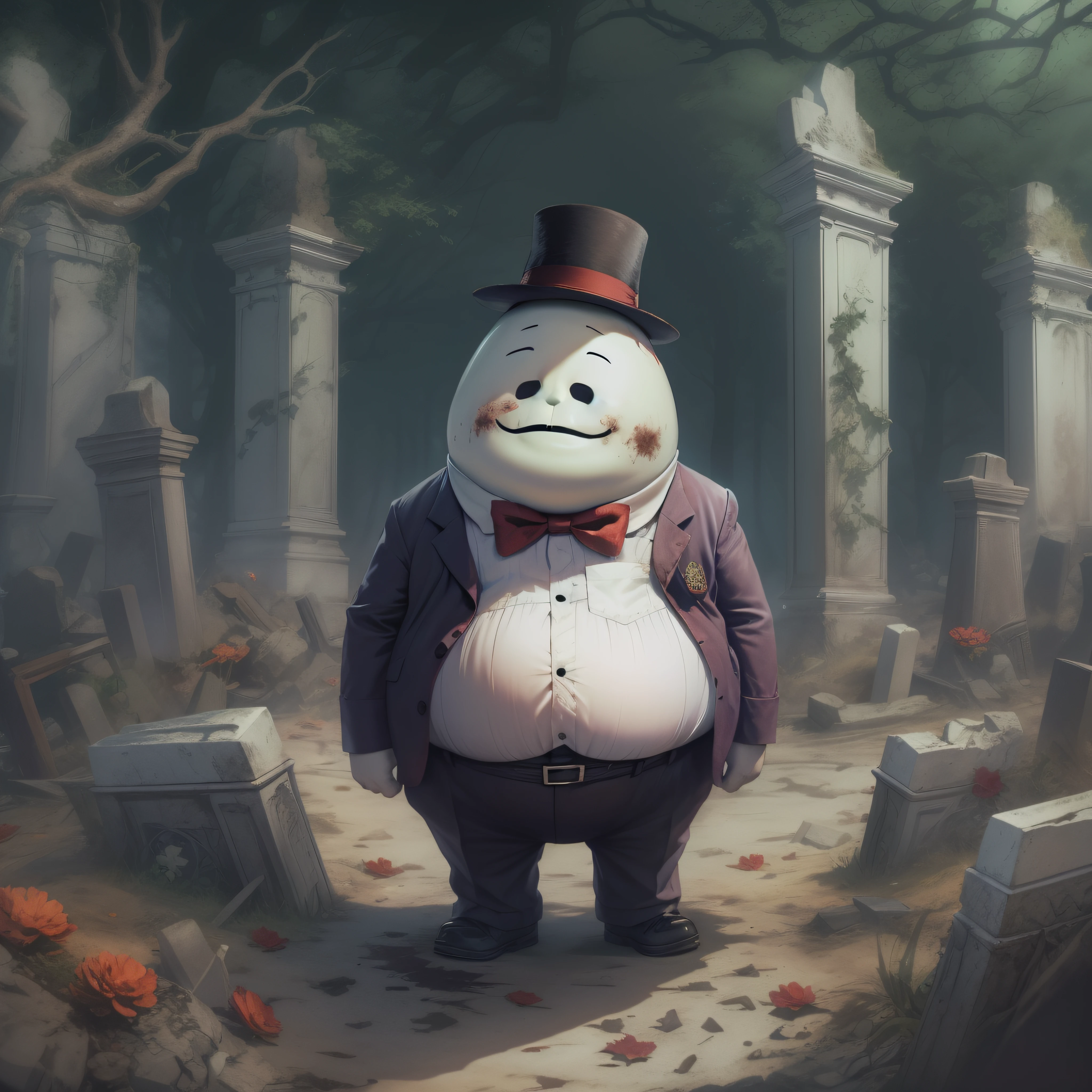 In a ruined cemetery、a red fat guy with a big belly, a bow tie, a fedora hat, short legs, no face, a cute smile、white face without eyes、