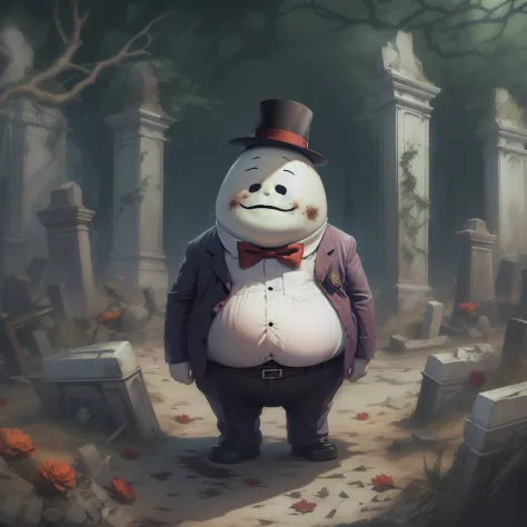 In a ruined cemetery、a red fat guy with a big belly, a bow tie, a fedora hat, short legs, no face, a cute smile、white face witho...