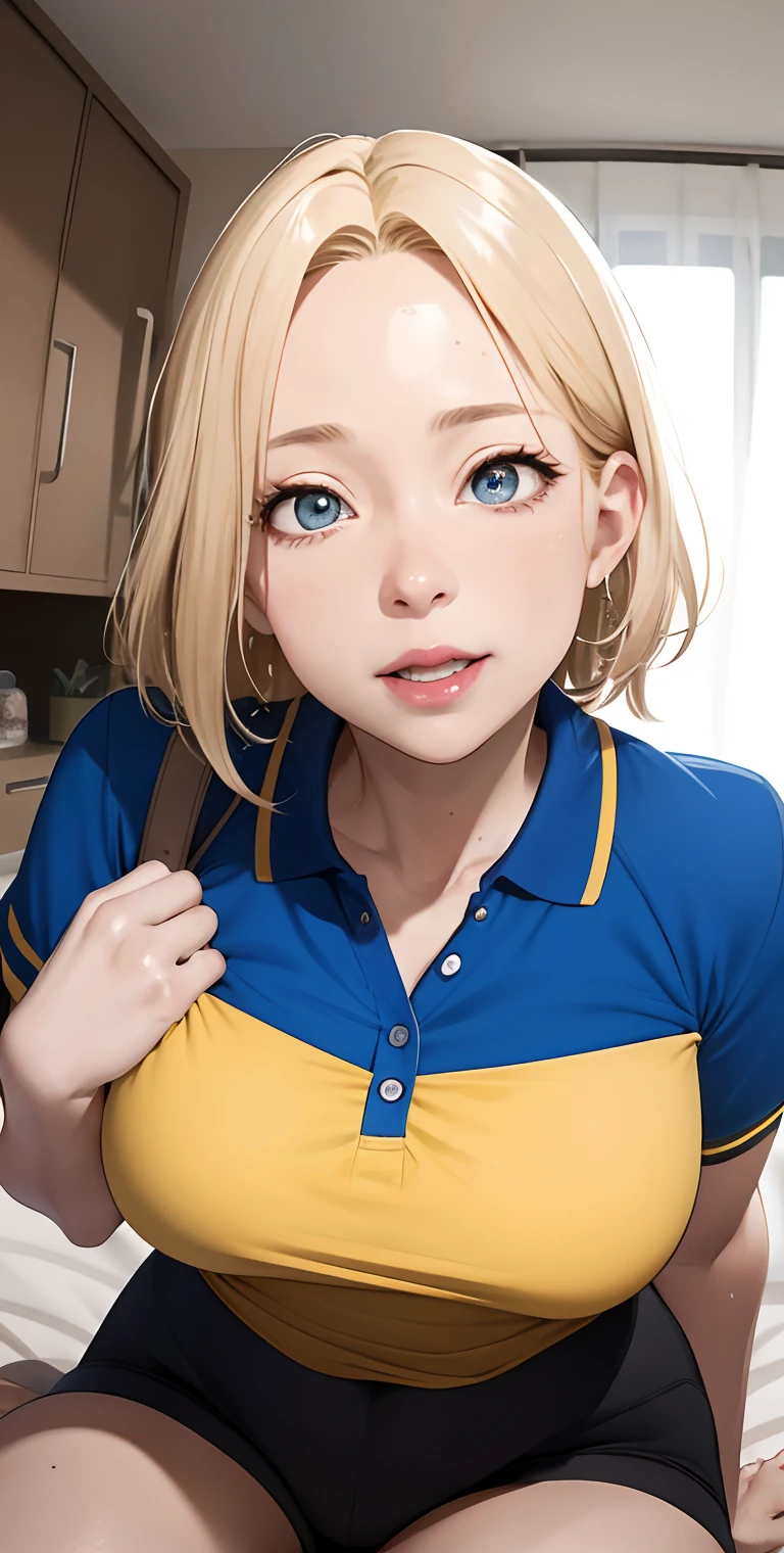 Anime Girl With Blonde Hair And Blue Shirt Sitting On A Bed Seaart Ai