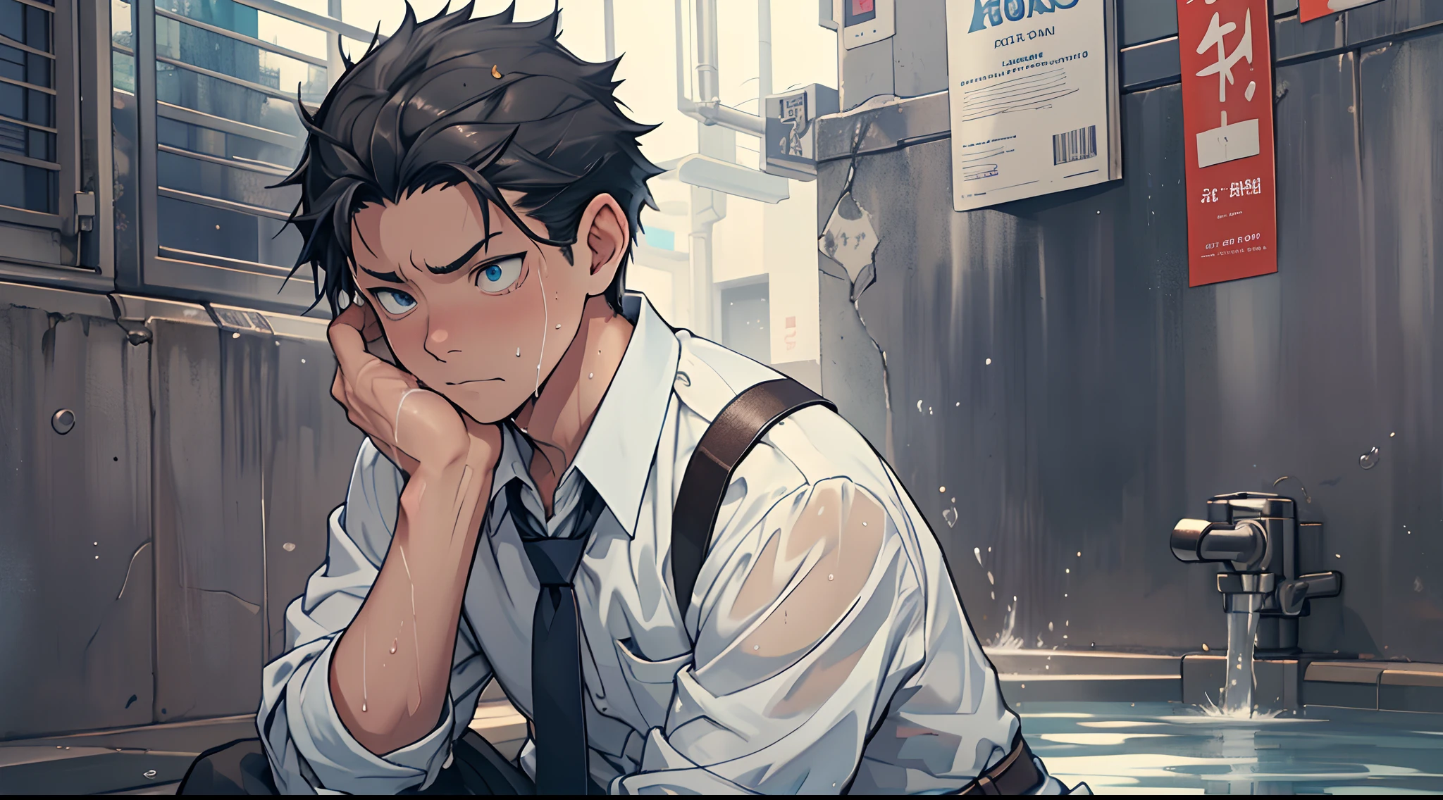 （1 Adult male），A high resolution， Sharp focus， Pixiv masterpiece， （（Complicated details））， highly  detailed， natsuki_subaru， 1 man，perfect male figure，Urine on the trouser leg， Nervously bow your head，is shy，embarressed，exhilarated，is shocked，panicking，worry，A pool of urine formed around him，Very eager to pee，Unbearable，Wet yourself，Urine discharge，full bodyesbian，sit astride，Tired，decadent， blue color eyes（eyes glowing）， Black hair short hair，white  shirt，Wear a tie，Wear a belt，trousers，perspire，Drenched，Get wet，pissing，urine flows down the pants，look from down