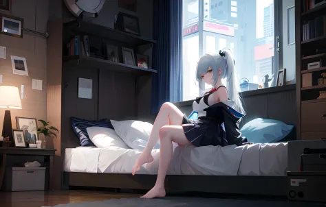 anime girl sitting on a bed in a room with a window, guviz-style artwork, anime big breast. soft lighting, trending on cgstation...