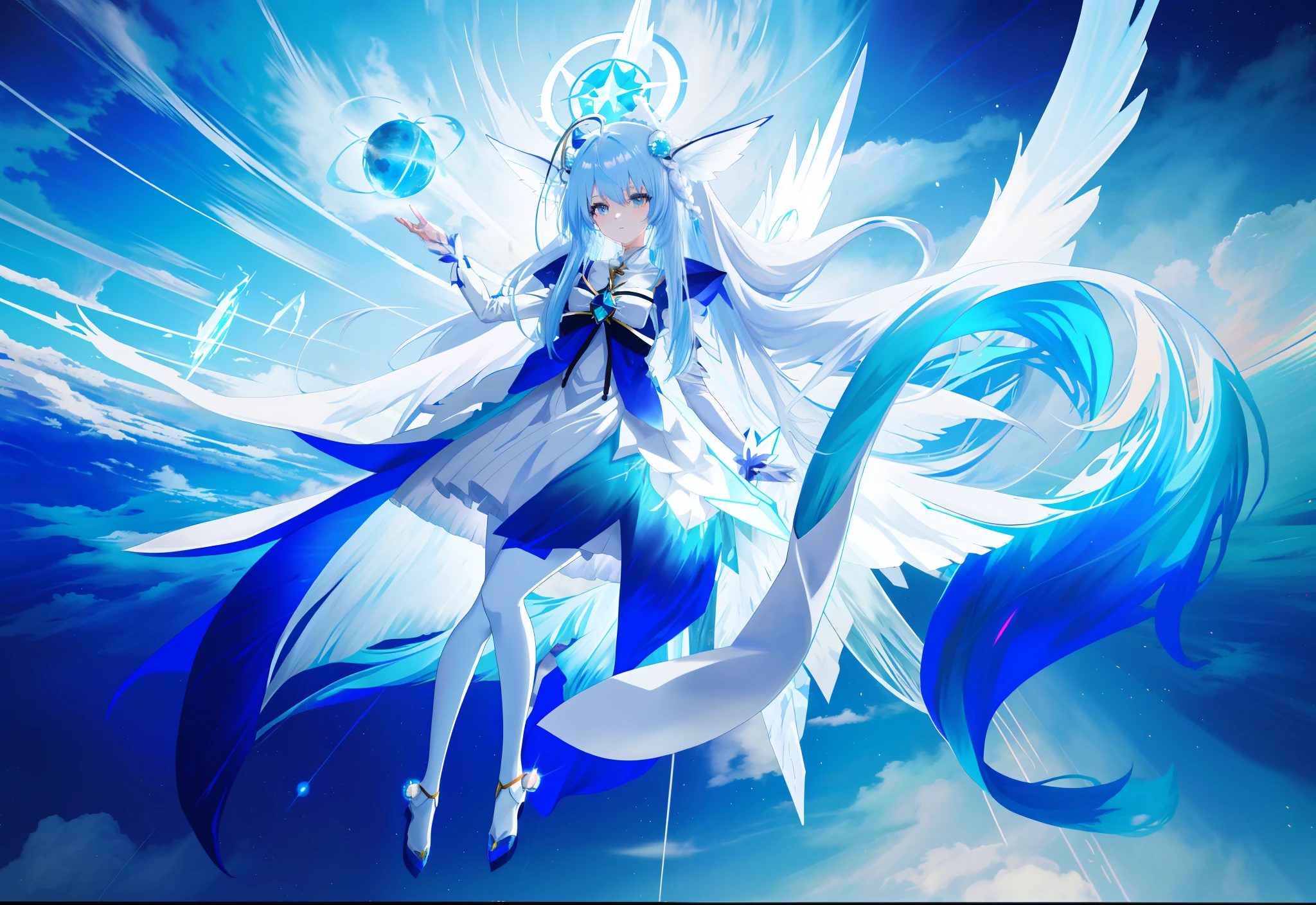 Chica anime con cabello azul y vestido blanco., cuerpo completo adoptable, fursona humanoide de pelo largo, rimuru tempest, dios de pelo blanco, bruja del cielo, chica anime con cabello cósmico, chica monstruo anime, hada astral,  astral etéreo, diosa del anime, shirabii, furaffinity fursona, celestial aura