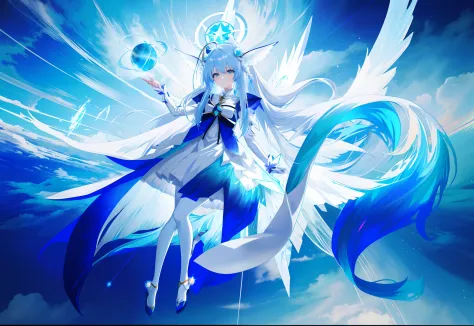Anime girl with blue hair and white dress, full body adoptable, long haired humanoid fursona, rimuru tempest, White-haired god, ...