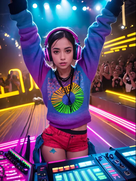 The upper part of the body, Female DJ,Look at the crowd, Colorful clothes , Quirky, Vibrant appearance,  Playful accessories, Cr...