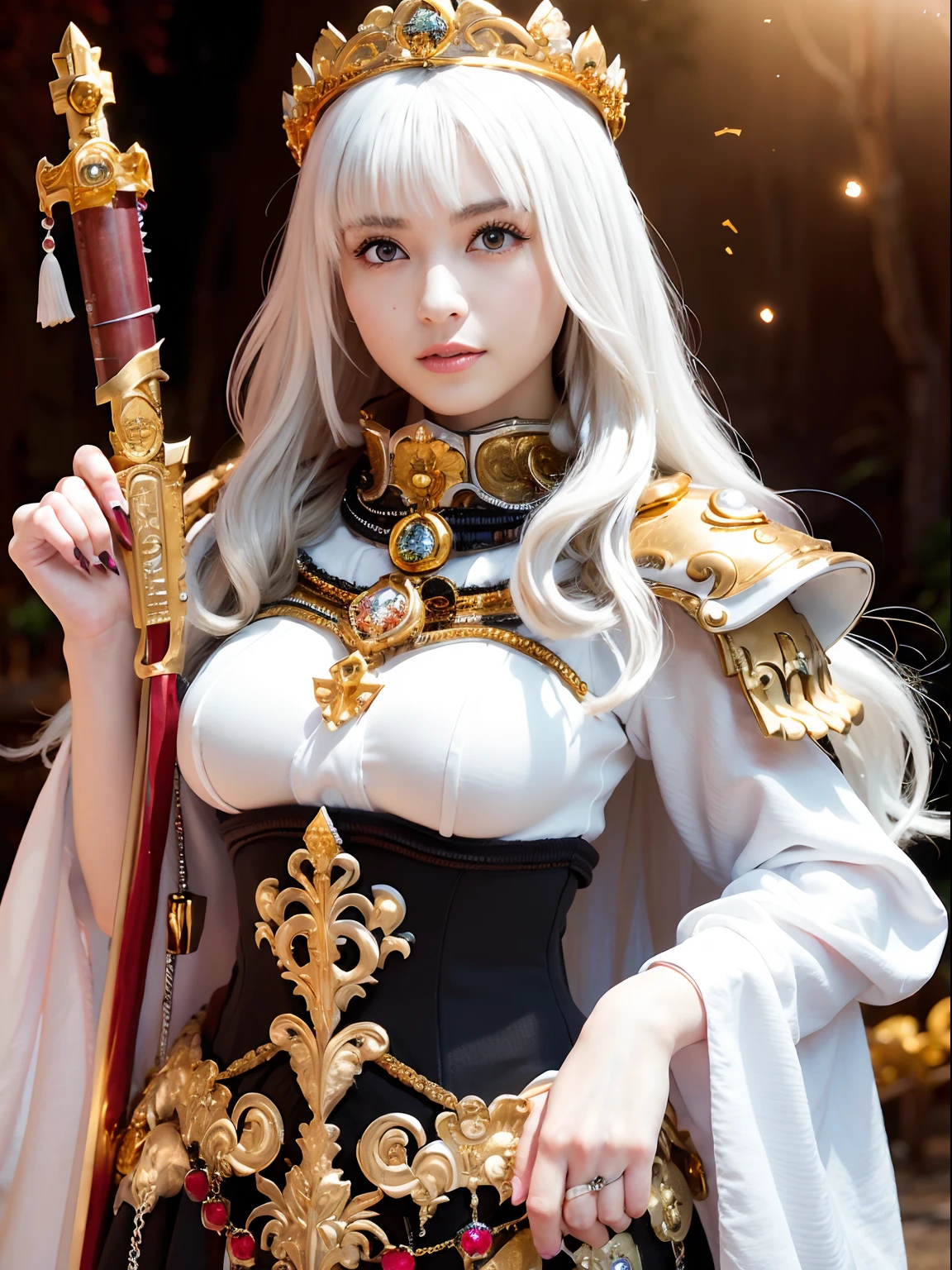 (masutepiece), Professional , ​masterpiece、top-quality、photos realistic , depth of fields （Gemstone Silver Metal Body:1.９),(Matte White、Jewel Gold Weapon（Jewel Metal Body:1.４),Gorgeous metal weapons , Detailed Sword of the Brave , Beautiful knife   ,warhammer 40k , adepta sororitas,Detail and ornate jewel crown、Black hair、Gangle's forest background、Beautiful Caucasian beauty、１a person、dynamic ungle,(((Detailed and ornate diamond crown)))、Smaller head、A smile、Take a sexy pose、Background inside the castle、Thin and beautiful female hands、