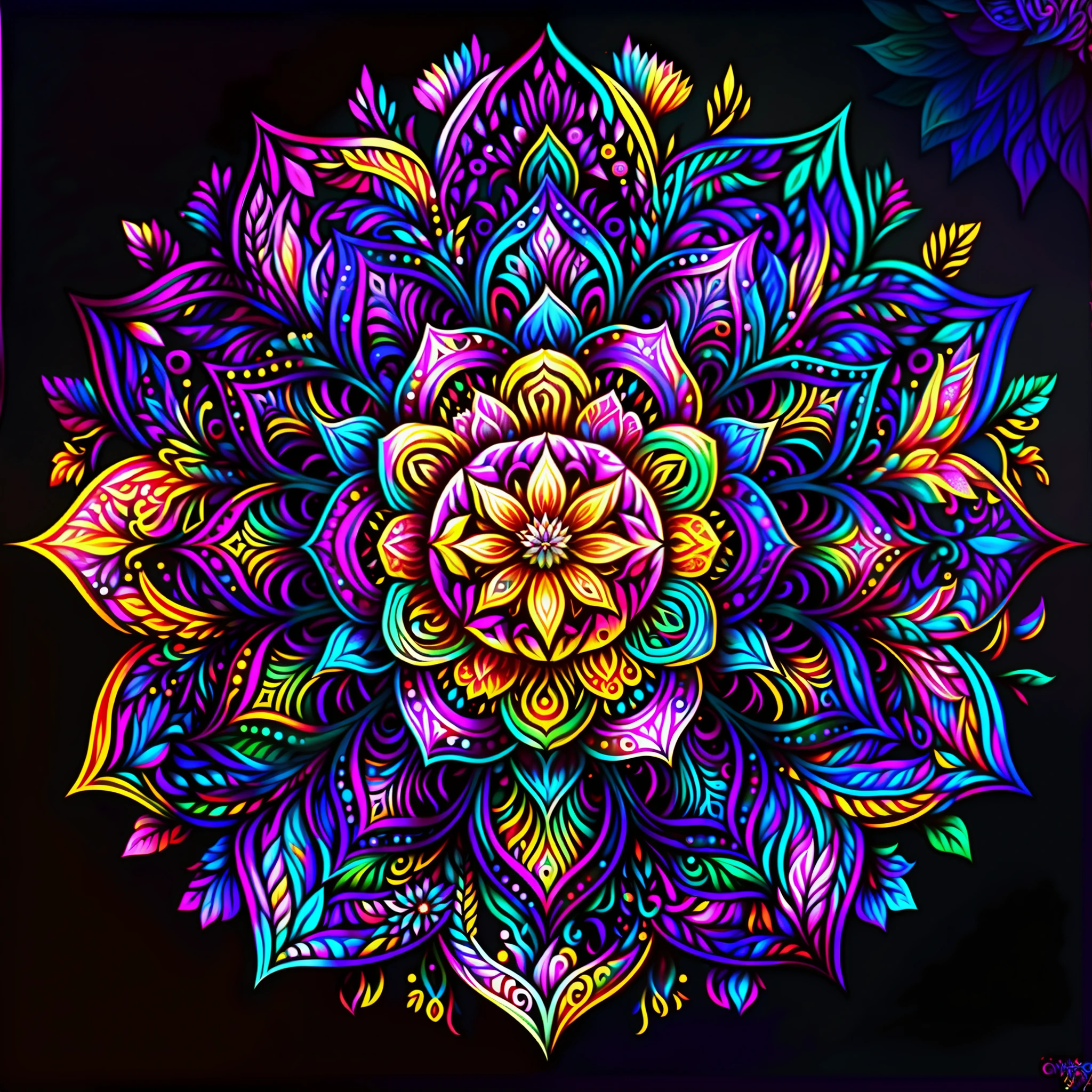 a colorful flower with a black background, colorful mandala, mandala art, lotus mandala, mandala ornament, super detailed color art, mandalas, rainbow gradient bloom, colorful intricate masterpiece, detailed art in color, intricate colorful masterpiece, mandalas, super detailed color art, psychedelic art style, intricate colorful, ornate flower design, vibrant high contrast coloring, multicolored vector art