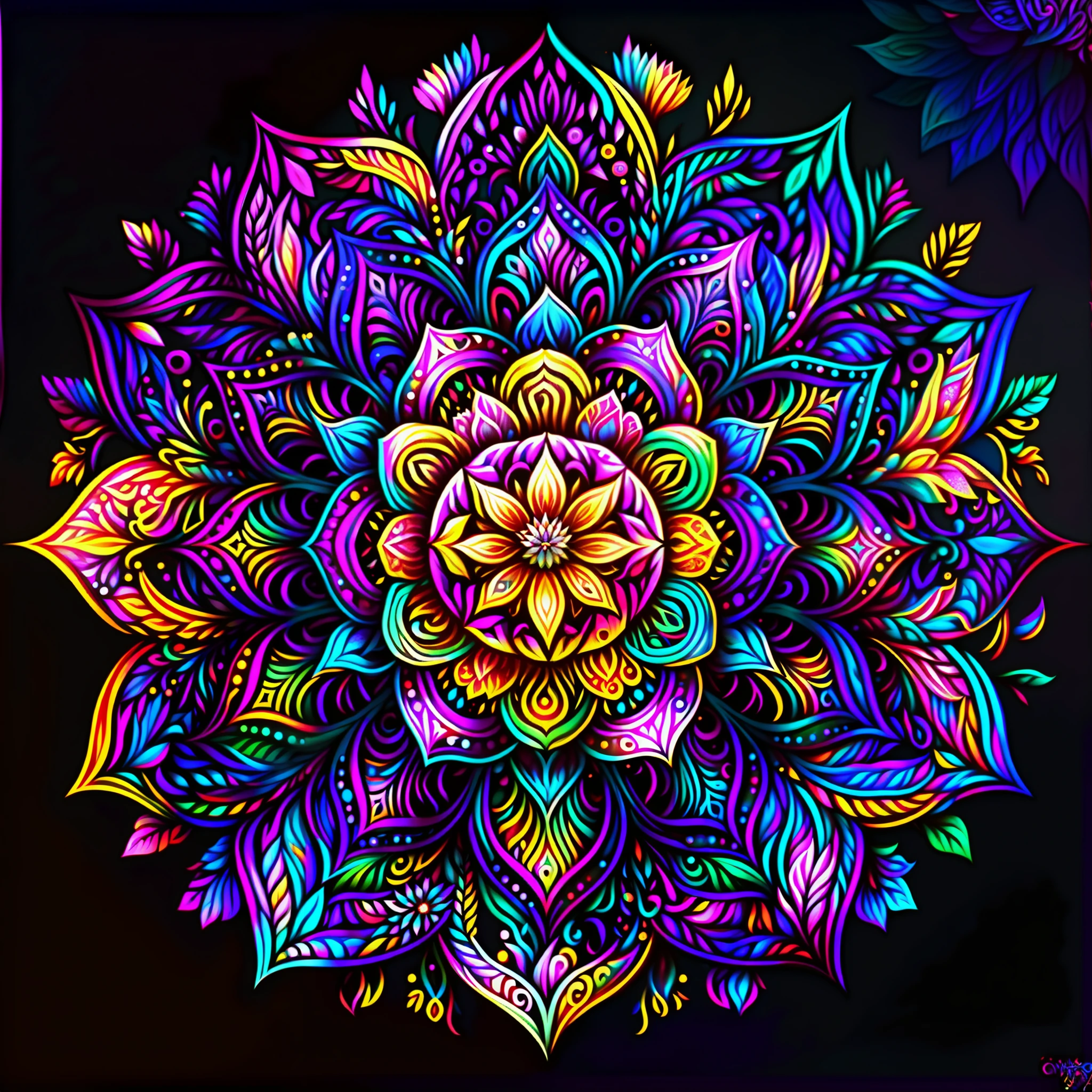 uma flor colorida com fundo preto, mandala colorida, Arte Mandala, mandala de lótus, mandala ornament, arte colorida super detalhada, mandalas, flor gradiente de arco-íris, obra-prima intrincada colorida, arte detalhada em cores, intrincado colorido masterpiece, mandalas, arte colorida super detalhada, estilo de arte psicodélica, intrincado colorido, desenho de flor ornamentada, coloração vibrante de alto contraste, arte vetorial multicolorida