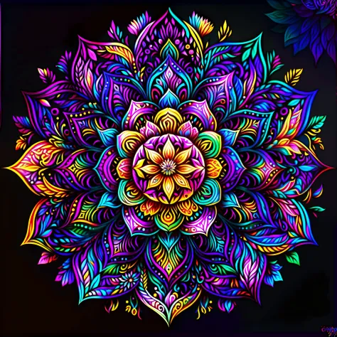 a colorful flower with a black background, colorful mandala, mandala art, lotus mandala, mandala ornament, super detailed color ...