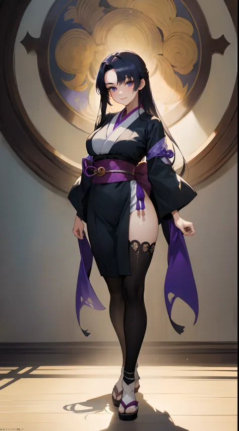 a beautiful woman with sleek dark purple long hair, a delicate and enchanting face, her eyes are sharp and piercing, a cunning smile, she has a slender figure, a fantasy-style form-fitting ninja outfit, the character design reflects a fantasy-style ninja b...