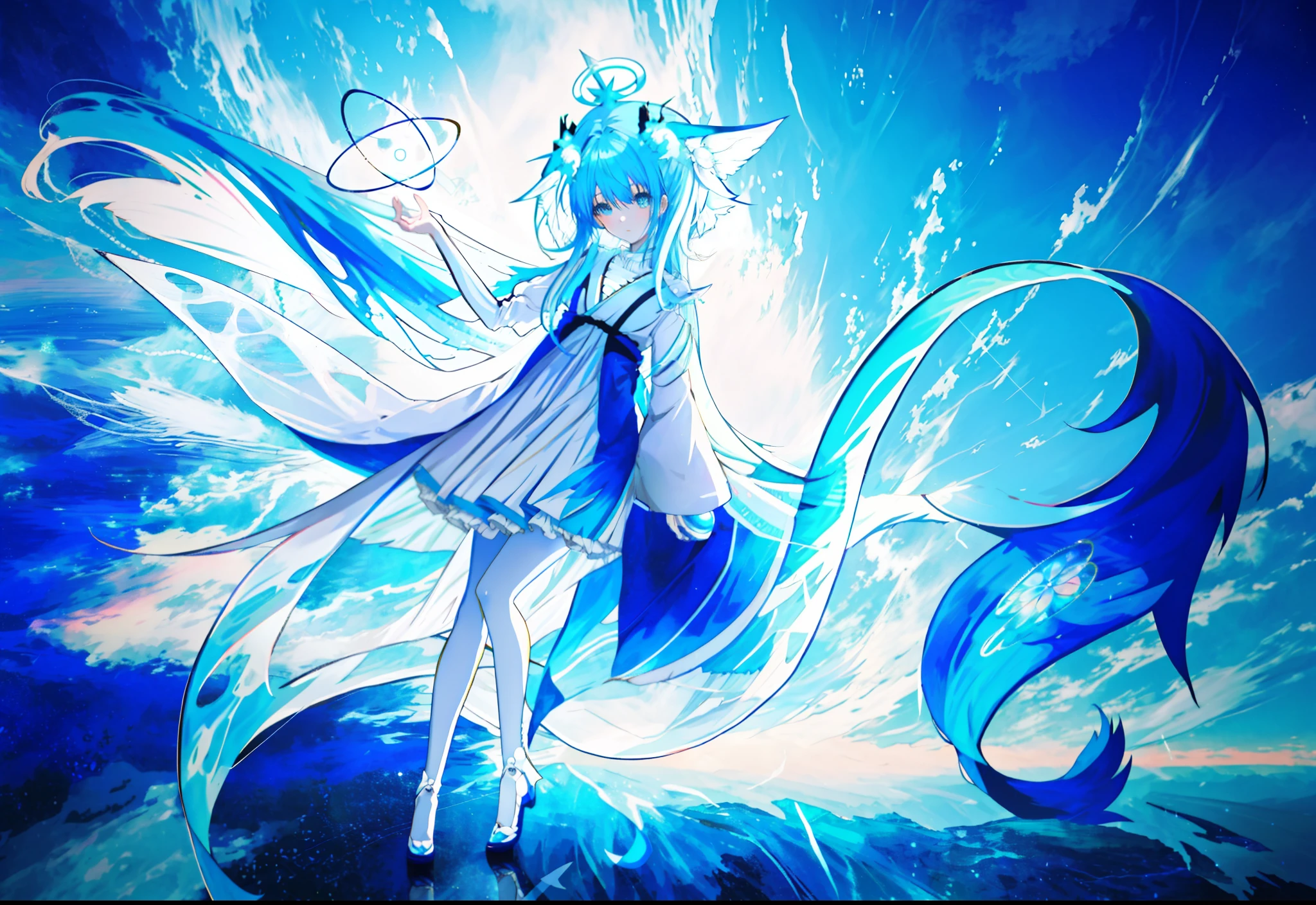 Anime girl with blue hair and white dress, full body adoptable, long haired humanoid fursona, rimuru tempest, White-haired god, sky witch, anime girl with cosmic hair, Anime monster girl, astral fairy,  astral ethereal, Anime goddess, shirabii, furaffinity fursona, celestial aura