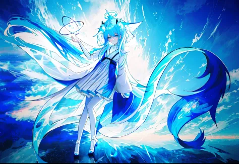 Anime girl with blue hair and white dress, full body adoptable, long haired humanoid fursona, rimuru tempest, White-haired god, ...