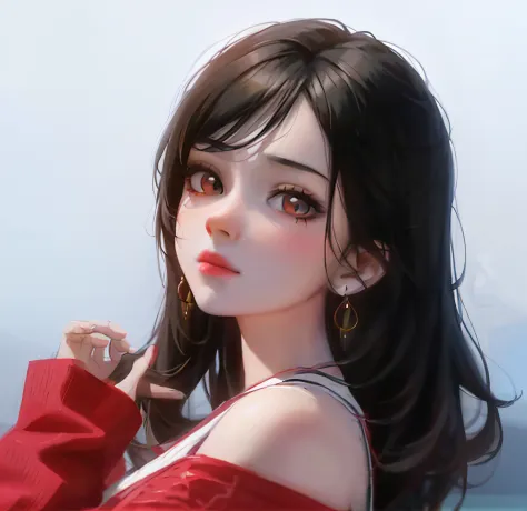 A woman with long black hair wearing a red blouse and earrings, Beautiful anime girl, a beautiful anime portrait, portrait anime girl, attractive anime girls, Anime girl, pretty anime girl, Cute anime girl, Realistic young anime girl, Cute anime girl portr...