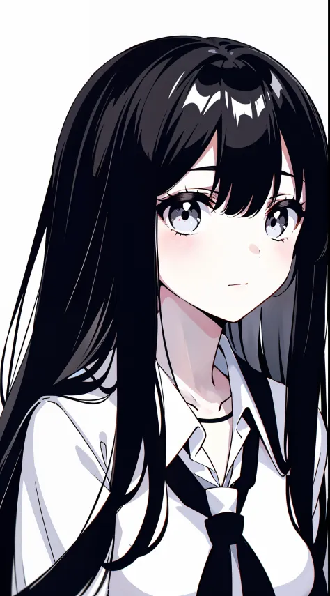 anime girl with long black hair and a white shirt and tie,((black and white portrait)),Black and white pictures
