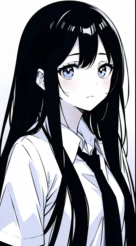 anime girl with long black hair and a white shirt and tie,((black and white portrait)),Black and white pictures,High Nose Bridge