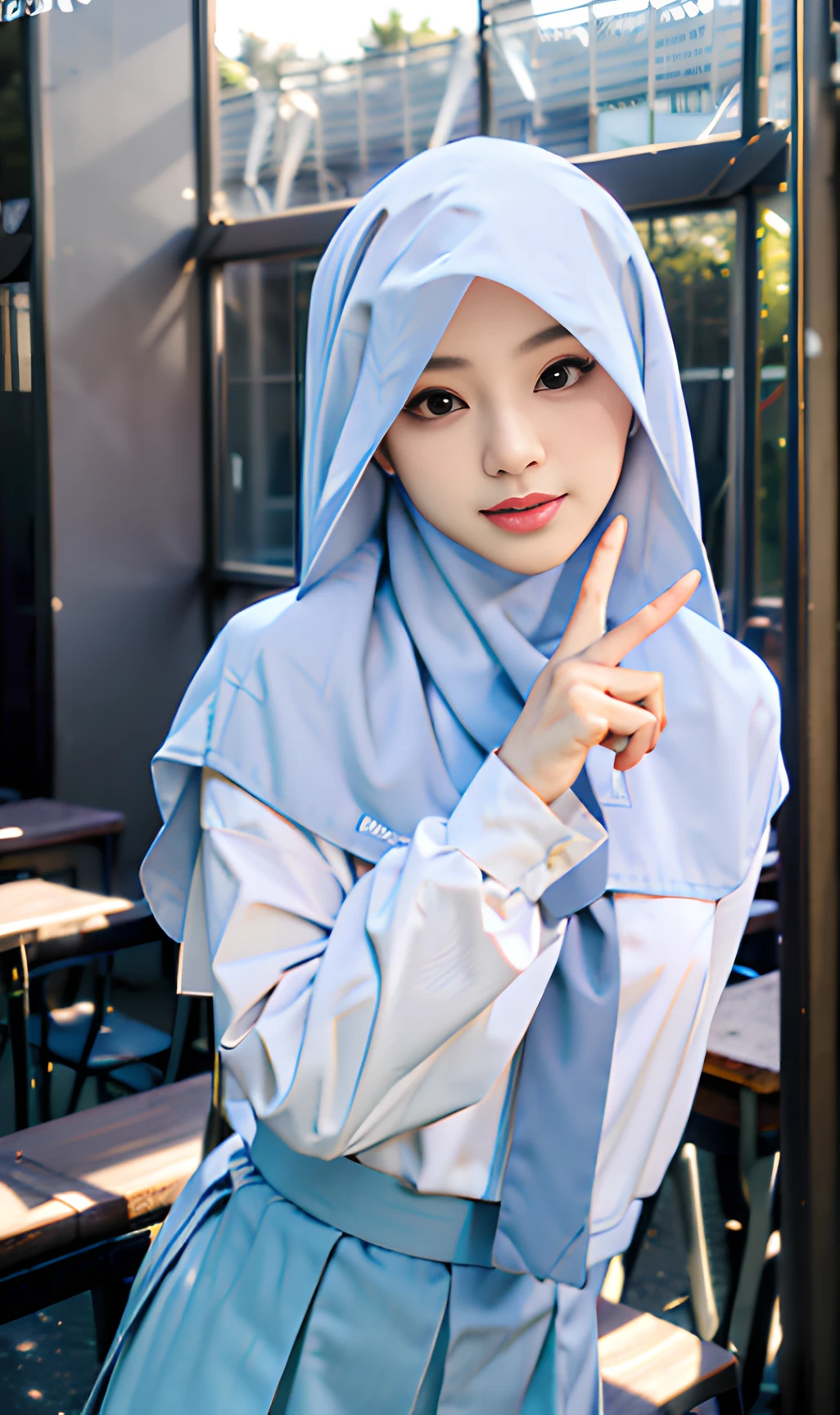 chef-d&#39;œuvre, meilleure qualité, 8k, Portrait 85 mm, absurdes, belle fille, (haut du corps:1.4), mignon, rue,chemise blanche, (uniforme scolaire, chemise blanche, manche longue,Jupe gris bleu, jupe unie, cravate grise:1.2),(Hijab couvert de tête, Hijab islamique, hijab blanc:1.1,vêtements en soie) épaule couverte,(Indonésie, Djakarta:0.7), maquillage naturel, Perspective, profondeur de champ, ultra réaliste, haute résolution, la photographie, netteté,,hdr, lumière du visage, éclairage dynamique, le plus détaillé, extrêmement détaillé, ultra détaillé, finement détailler, vraie peau, traits délicats du visage,signe V,Doigt V,Salle de classe,