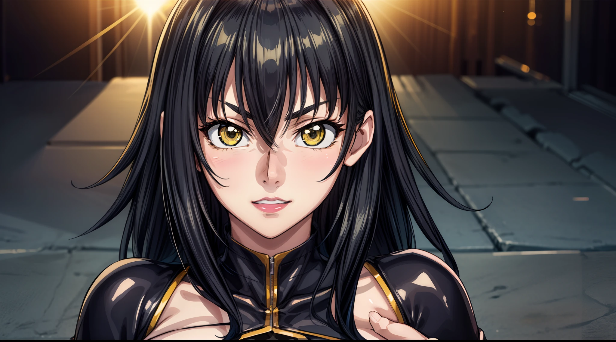 professional artwork, Intricate Details, field of view, sharp focus, detailed painting, photorealistic lighting, trending on pixiv, Standing at attention, black hair,very long hair, Bangs,yellow eyes,makeup, lipstick, 20yo,mature female,Beautiful Finger,Beautiful long legs,Beautiful body,Beautiful Nose,Beautiful character design, perfect eyes, perfect face, looking at viewer, NSFW,official art,extremely detailed CG unity 8k wallpaper, perfect lighting,Colorful, Bright_Front_face_Lighting, (masterpiece:1.0),(best_quality:1.0), ultra high res,4K,ultra-detailed, photography, 8K, HDR, highres, absurdres:1.2, Kodak portra 400, film grain, blurry background, bokeh:1.2, lens flare, (vibrant_color:1.2) (Beautiful,large_Breasts:1.4), (beautiful_face:1.5),(narrow_waist), (solo:1.4), add_detail:1, (((landscape dimension)))