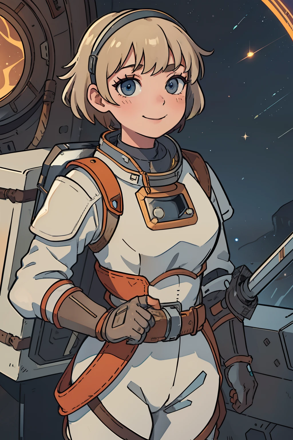 professional artwork, detailed eyes, beautiful eyes, beautiful face, flawless face, gorgeous face, smooth features, blush, short hair, beautifully detailed background, adventurous astronaut knight in armored space suit holding glowing sword made of light, space suit looks like knight armor, space suit, thick heavy space suit, environment suit, hoses and tubes on suit, dials and switches, space suit backpack, nasa, nasa punk, nasapunk, astronaut, astronaut suit, cosmonaut, medieval knight, knight armor, leather armor and metal armor, mechanical background, sci fi, science fiction, futuristic, fantasy armor, full plate armor, medieval armor, knight helmet, knight visor, grilled faceplate, large helmet, big helmet, heavy collar, vacuum seal ring around neck, life support systems, rustic material, heavy stitching, thick leathers, armored breastplate, armored chest, leather gloves, rustic craftsmanship, adventurous, adventure, cute, smiling, shoulder pads, armor, white and orange outfit, heraldry, side of head is shaved