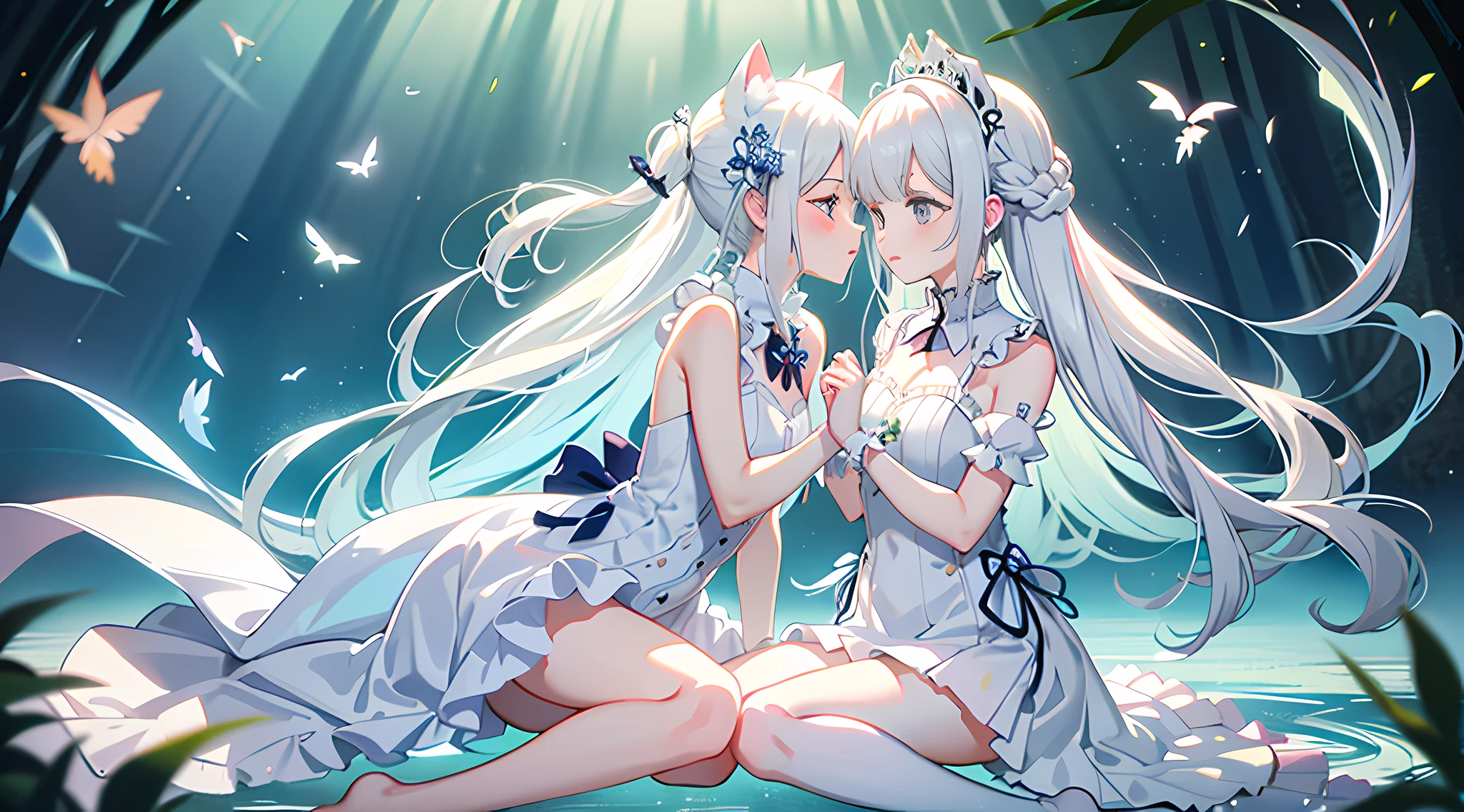 Exquisite and elegant，Masterpiece，cute-style，white scrunchie，Stylish side braids，Loli，Unique heterochromatic eyes，Crisp white dress，Cute cat ear headdress，Playful dull fur，with fair skin，The two hugged each other intimately，Heads buried in each other's arms，gentle kiss，contemporary vibe，Glamorous striped knee-length socks，Natural soft light，Dingdall effect。