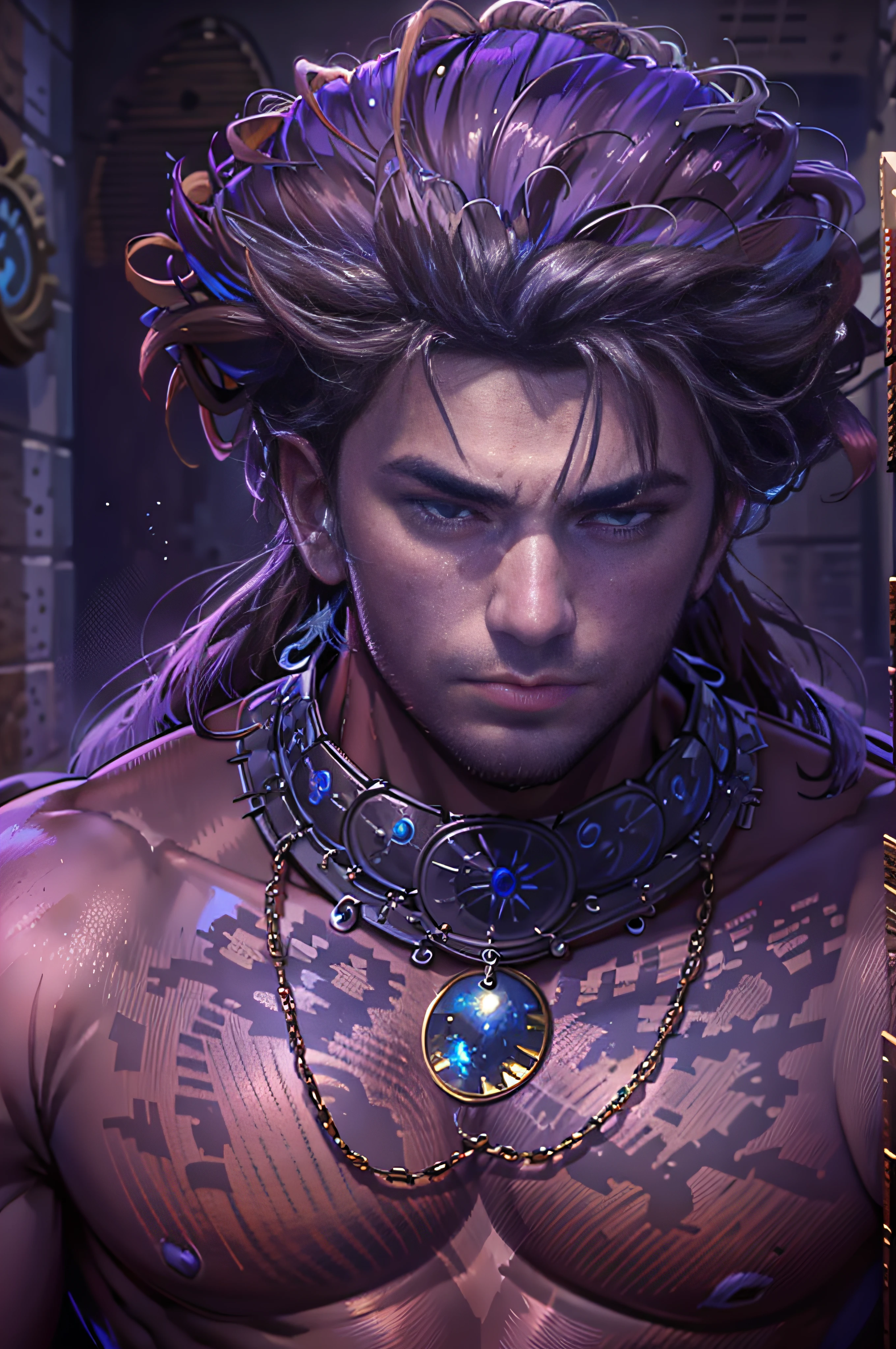 (highly detailed:1.3),male focus,purple skin,muscular,powerful pose,necklace,((detailed face and eyes:1.3)),Ultra-detail,(highres:1.1),best quality,(masterpiece:1.3),cinematic lighting