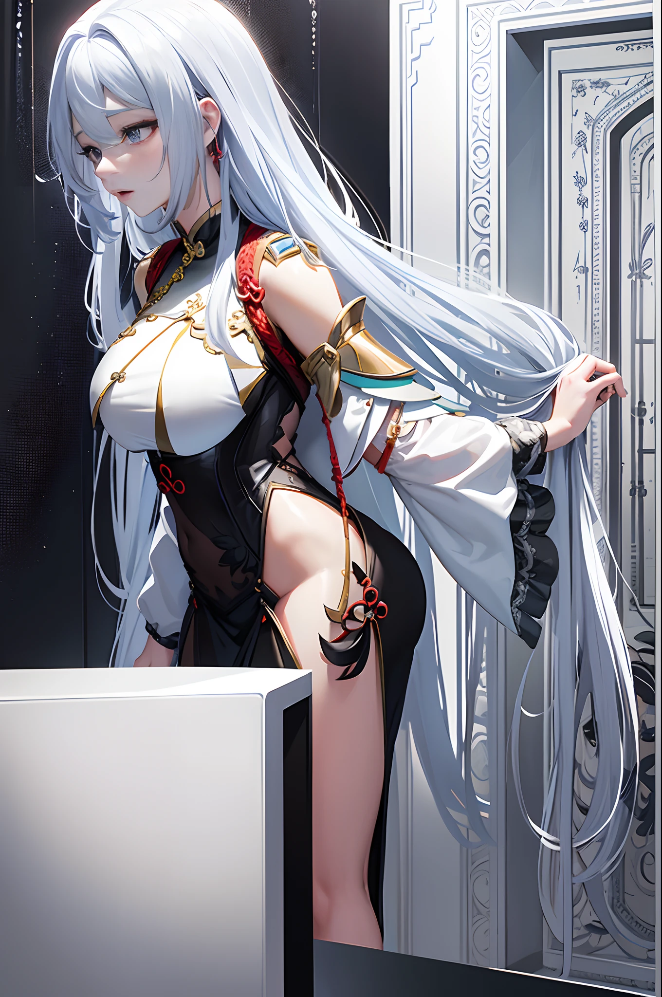 "(top-quality、tmasterpiece:1.2，Unity 16K wallpaper, Masterpiece, Best quality, super ultra detail, Extremely detailed CG, Caustics, Cinematic lighting, Detailed, Beautiful detailed eyes, Solo), 超高分辨率, Fine skin, teens girl，long  white hair、Smooth skin、Beautiful mouth、Smooth legs、busty figure，Black and white transparent close-fitting cheongsam，Moon，In the bathroom，mirrors，Hands on the head，Tall and tall，Visible on the back，Butt visible,Lateral breasts are visible"