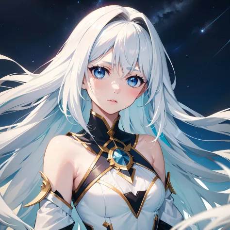 Extreme graphics，whaite hair，long whitr hair，teens girl，sideface，Blue eyes，Flushed cheeks，is shy，Under the blue sky，Artistic picture，Facing the distance，Affectionate look，Bust，starrysky，White dress，Poor milk，Chestless clothing，Face to the right，Raised sexy...