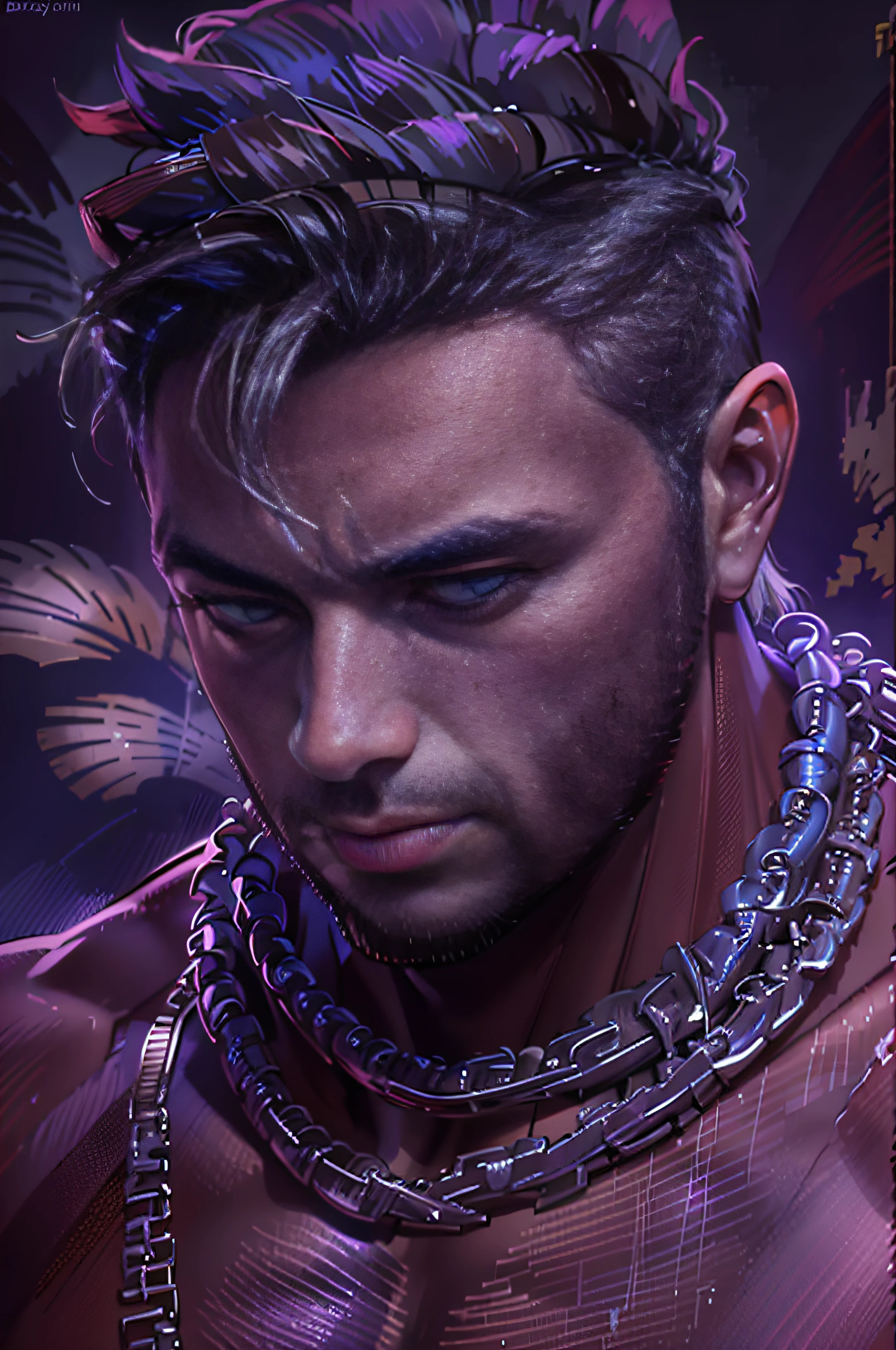 (highly detailed:1.3),male focus,purple skin,muscular,powerful pose,necklace,((detailed face and eyes:1.3)),Ultra-detail,(highres:1.1),best quality,(masterpiece:1.3),cinematic lighting