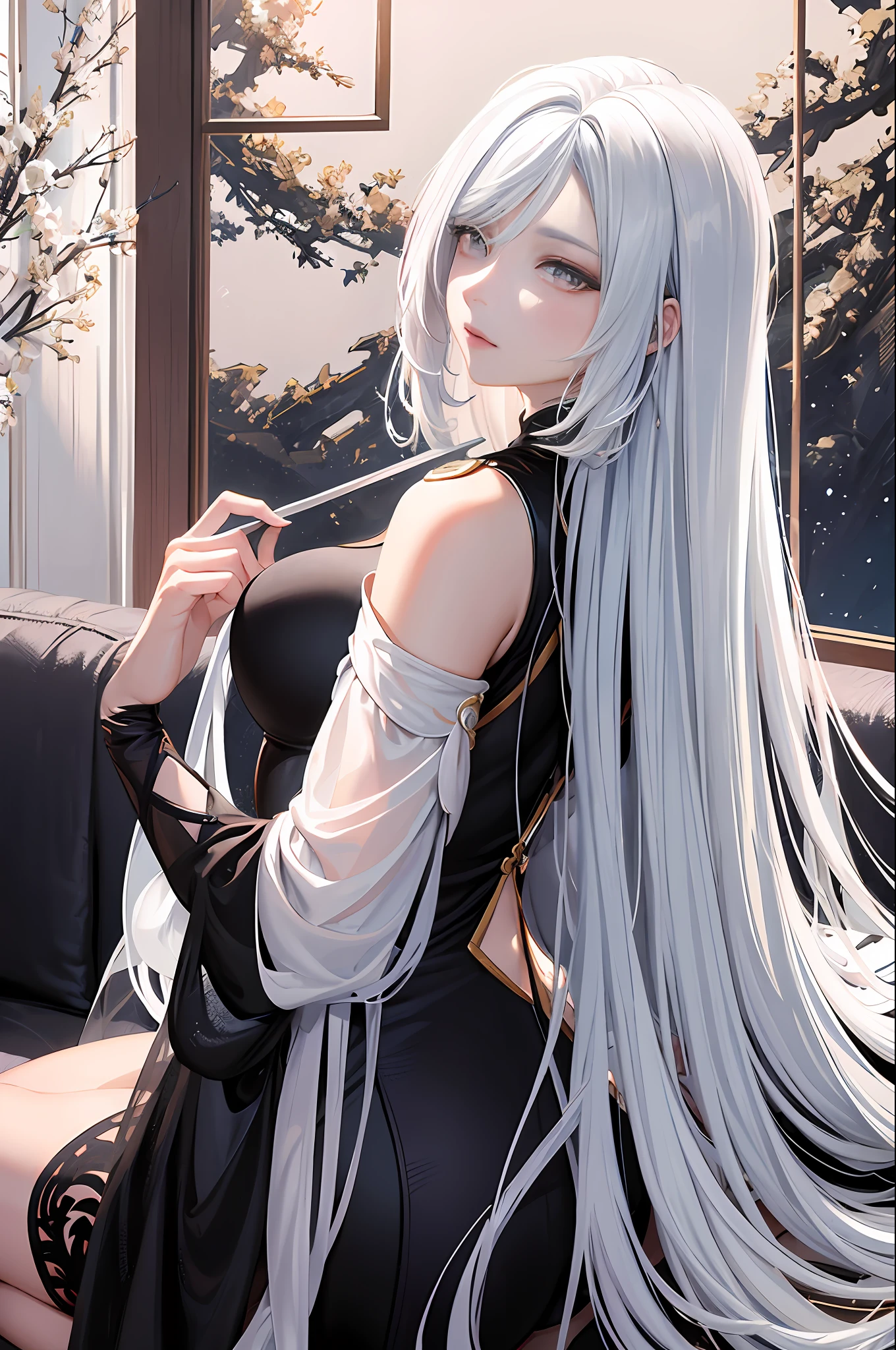 "(top-quality、tmasterpiece:1.2，Unity 16K wallpaper, Masterpiece, Best quality, super ultra detail, Extremely detailed CG, Caustics, Cinematic lighting, Detailed, Beautiful detailed eyes, Solo), 超高分辨率, Fine skin, teens girl，long  white hair、Smooth skin、Beautiful mouth、Smooth legs、busty figure，Black and white transparent close-fitting cheongsam，Moon，On the sofa，Extend your hands to me，Tall and tall，Visible on the back，Butt visible,Lateral breasts are visible"