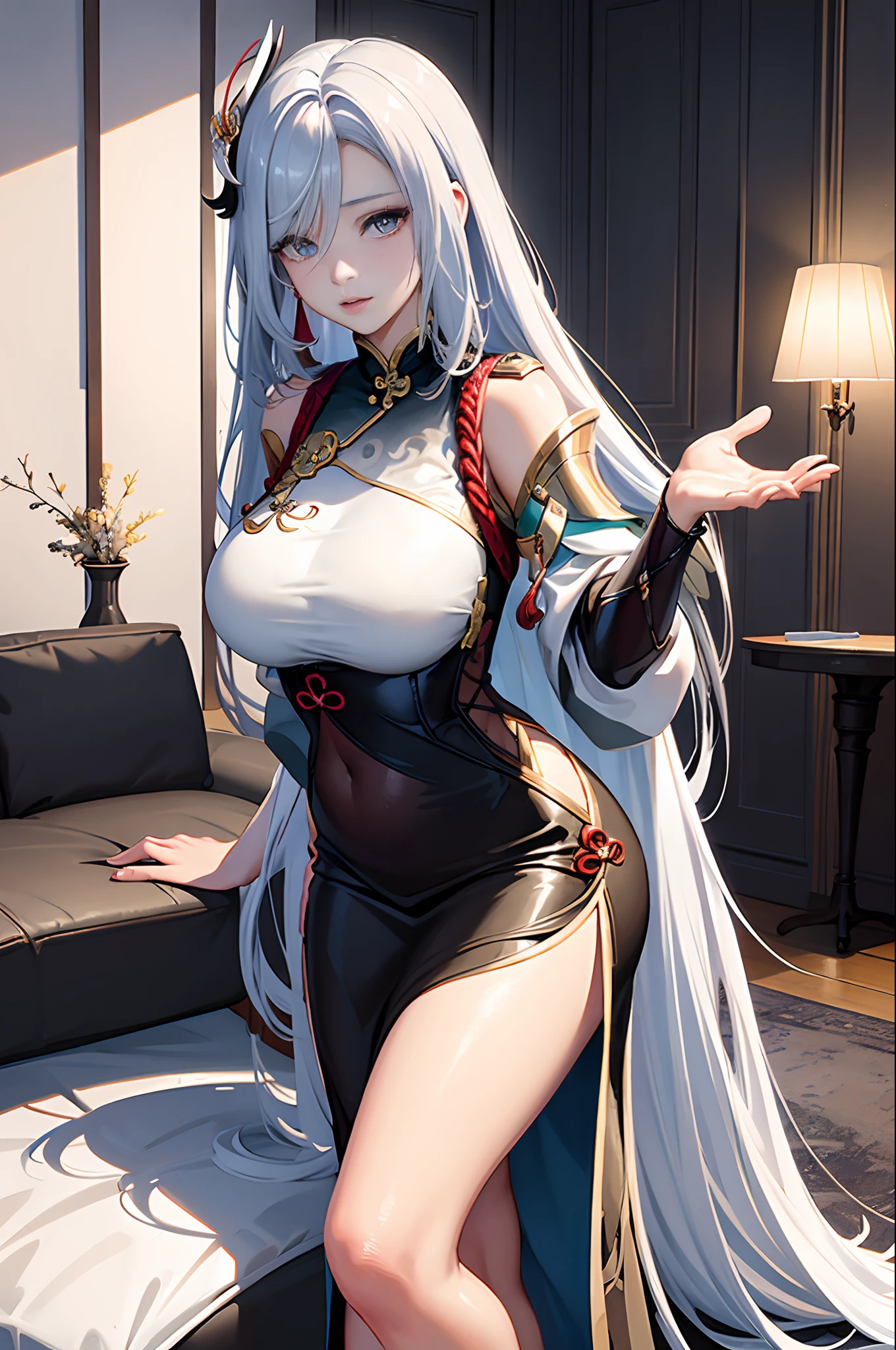 "(top-quality、tmasterpiece:1.2，Unity 16K wallpaper, Masterpiece, Best quality, super ultra detail, Extremely detailed CG, Caustics, Cinematic lighting, Detailed, Beautiful detailed eyes, 独奏), Ultra-high resolution, Fine skin, teens girl，long  white hair、Smooth skin、Beautiful mouth、Smooth legs、busty figure，Black and white transparent close-fitting cheongsam，Moon，On the sofa，Extend your hands to me，Tall and tall，Visible on the back，Butt visible,Lateral breasts are visible"