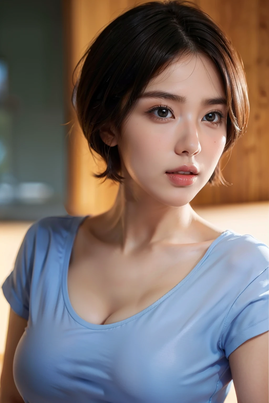 Beautiful girl with short hair，exquisite facial features，Upper body and full face，Wear a teacher's shirt，Big breasts teacher，facial closeups，3D，ultra - detailed，k hd