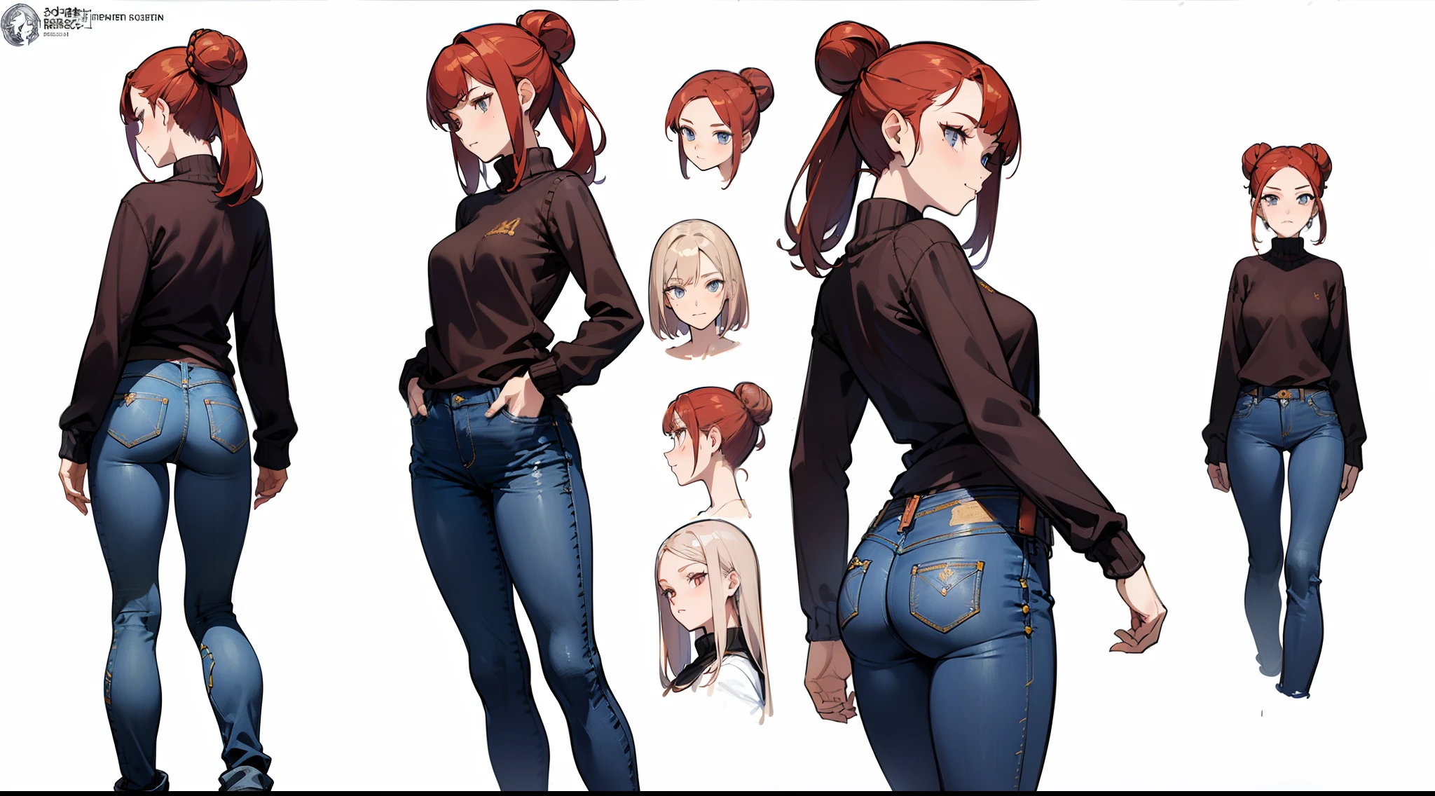((Best Quality)), ((Masterpiece)), ((Realistic)) 19 year old, redhead girl, armpit lenght hair, relaxed happy face ((slender)) (busty), (((jeans and pullover))) bun hairstyle, (((detailed character sheet, frontal view, side view, three quarter view))) white background, 6 and a half heads full body