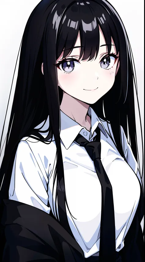 anime girl with long black hair and a white shirt and tie,((black and white portrait)),Black and white pictures,High Nose Bridge...