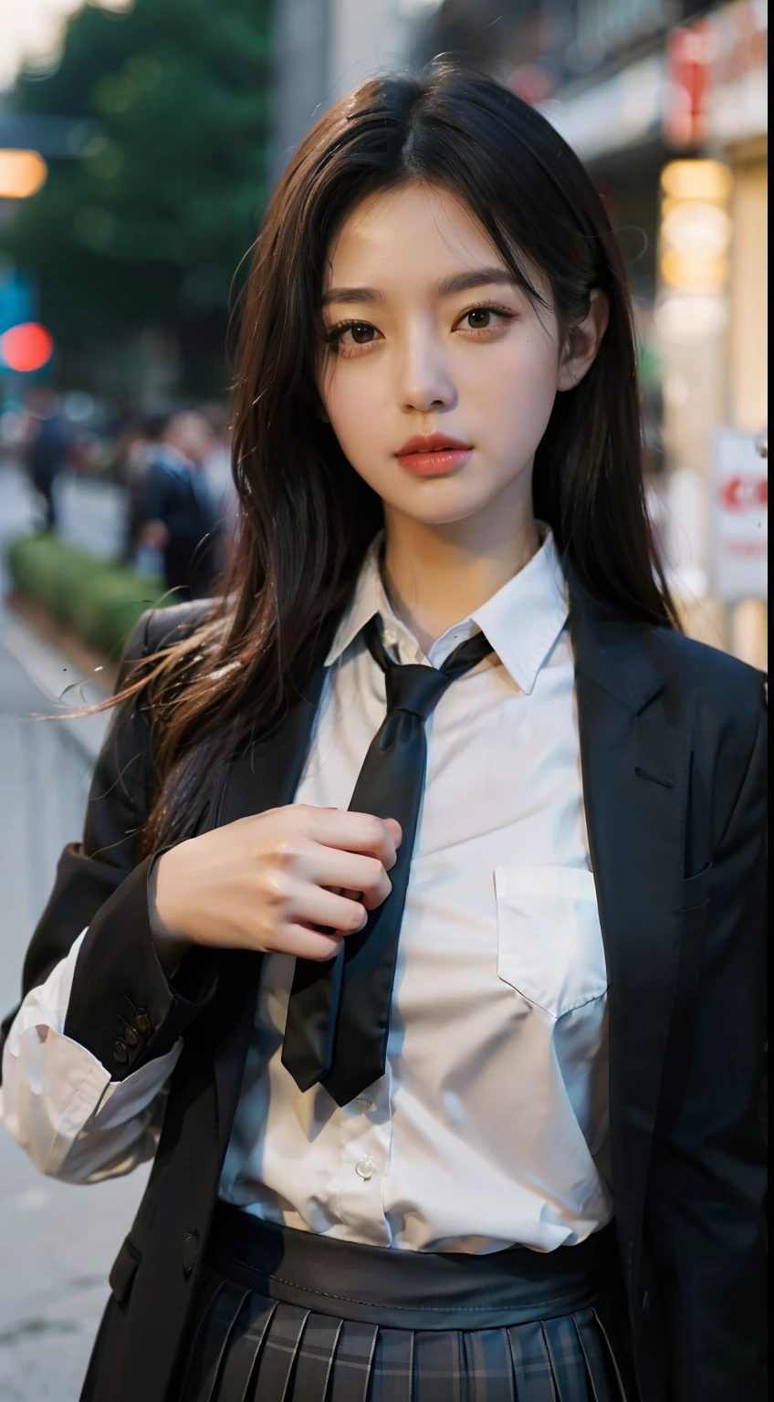 best quality, masterpiece, 1 girl, beautiful face, (photo photo:1.3), edge lighting, (high detail skin:1.2), 8k ultra hd, DSLR, high quality, high resolution, 4k, 8k, bokeh, absurd, best ratio four fingers and one thumb, (realistic:1.3), cute 1girl, wearing black formal blazer, medium breasts, white shirt, black tie, pleated skirt,