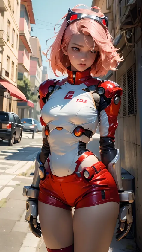 Alafi standing in the street in red and white, girl in mecha cyber armor, Cute cyborg girl, perfect android girl, cybersuit, cyb...