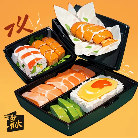 Bento box，The details of the bento are as follows。、food_Focus、foods、meter、Shrimp、Yellow_Background、The fish、Bento、still_life、tempura、Omelet、sushi、verdure、Flesh-colored、