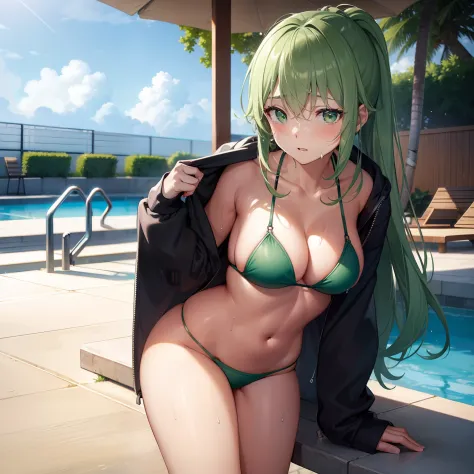 ((masuter piece)), Best Quality, ultra-detailliert, Beautiful green eyes,Beautiful big breasts, Lively poolside, Wet mini bikini and hoodie, Embarrassed look, Leaning forward, In a zippered hoodie, Not looking at the camera.