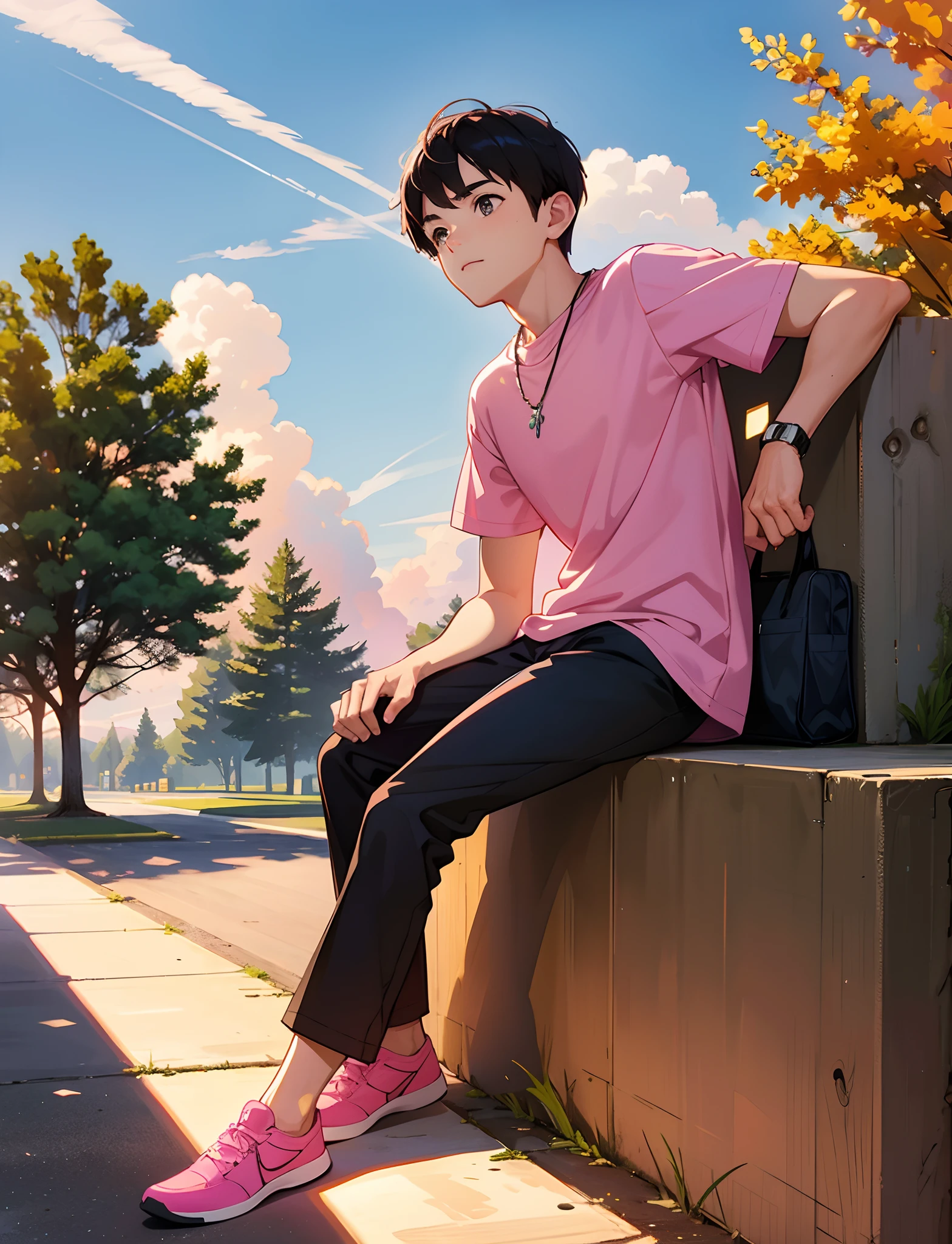 少年は，ピンクのTシャツを着て，ネックレス付き，公園に座っている，空を眺める，背景の大きな木，夕日と夕日，全身写真，超高解像度