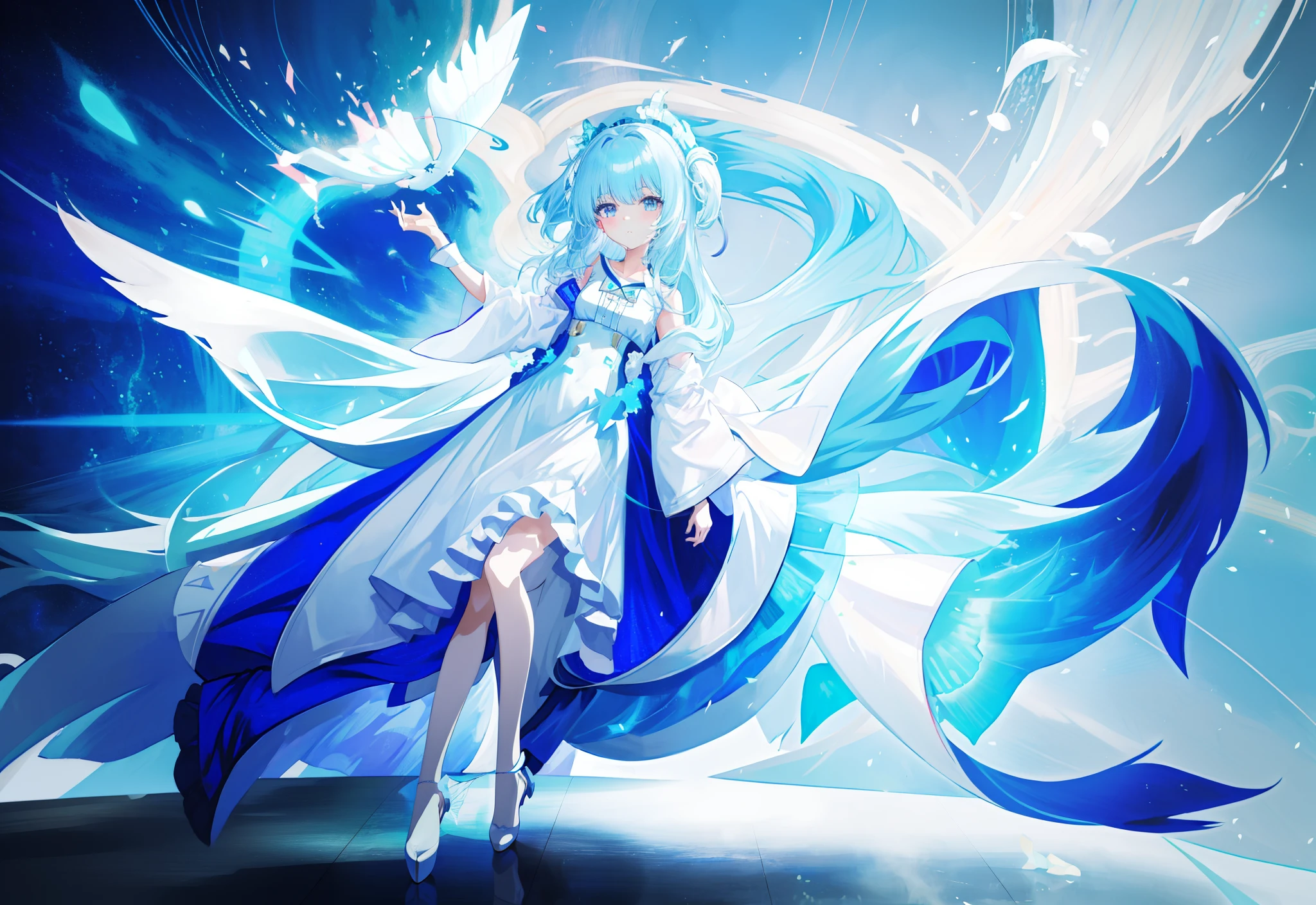 Chica anime con cabello azul y vestido blanco sosteniendo un objeto blanco, cuerpo completo adoptable, fursona humanoide de pelo largo, rimuru tempest, dios de pelo blanco, bruja del cielo, chica anime con cabello cósmico, chica monstruo anime, hada astral, personaje adoptable, astral etéreo, diosa del anime, shirabii, furaffinity fursona, celestial aura，tacones altos