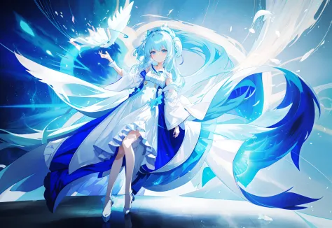 Anime girl with blue hair and white dress holding white object, full body adoptable, long haired humanoid fursona, rimuru tempes...