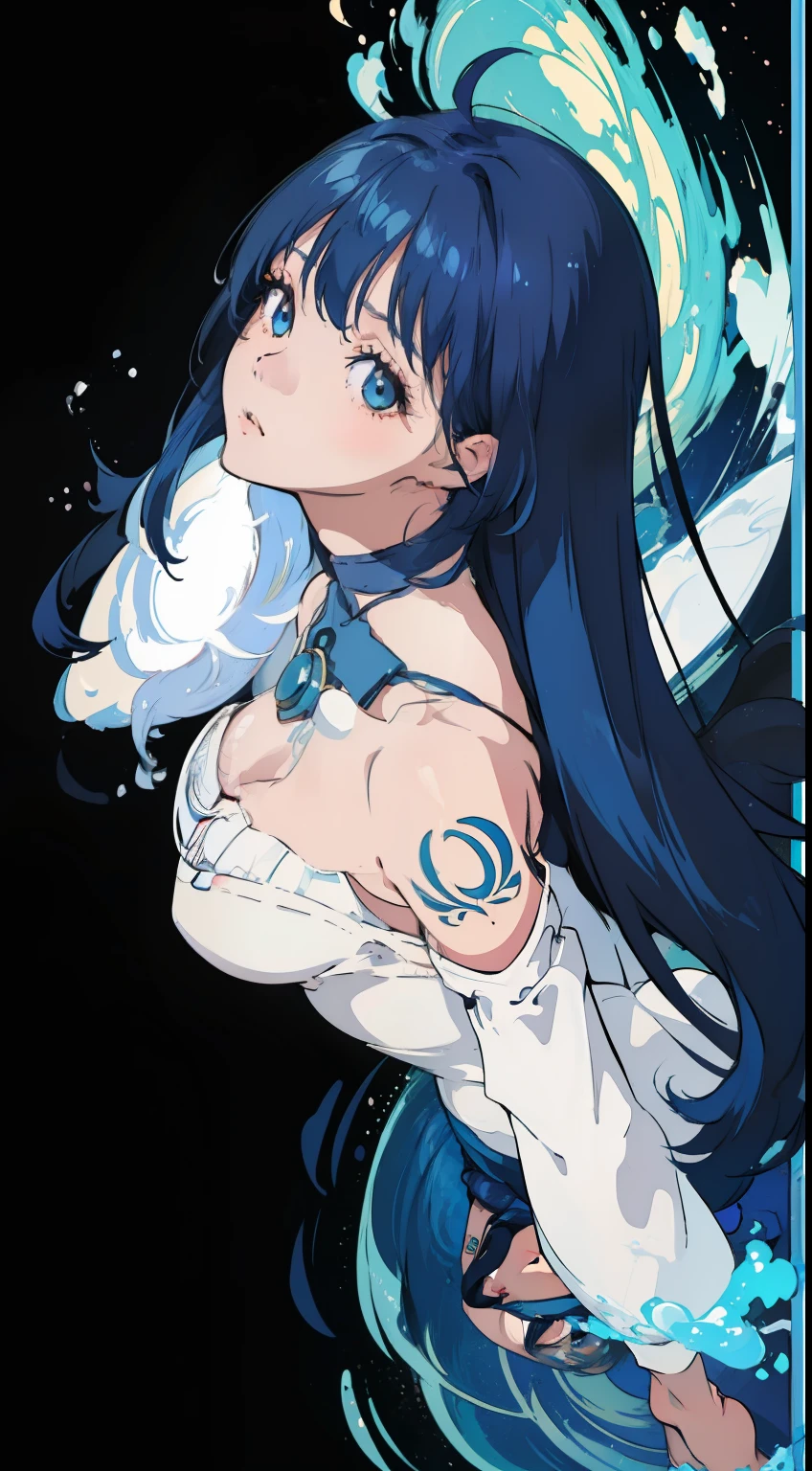 Ultra-high definition 2D art, close-up (1 woman), light blue hair, 2D animation style, soft and delicate depiction, attention also on her full-body tattoos (full-body art), landscape mode, masterpieces by Guweiz and James Jean, tattoo expert designs by CGSCOSITY, etc. A beautiful blue-haired girl who became a hot topic at the trend art station of Japan.