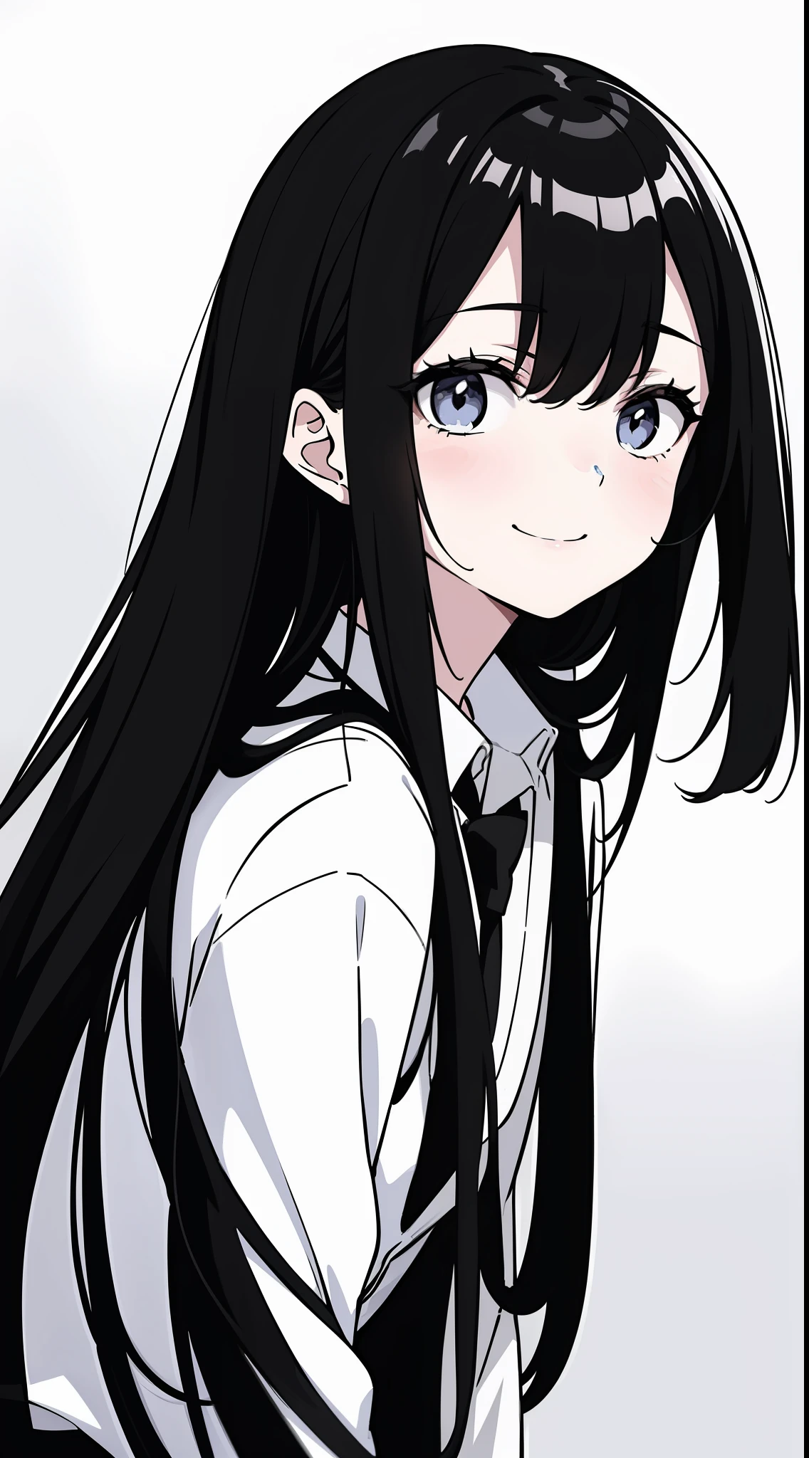 anime girl avec de longs cheveux noirs et une chemise blanche et une cravate,((portrait noir et blanc)),photos en noir et blanc,sourire,Style minimaliste de la douleur