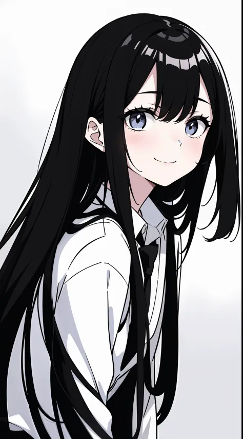 anime girl with long black hair and a white shirt and tie,((black and white portrait)),Black and white pictures,Smile,Minimalist...