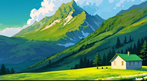 pix，scenecy，no characters，green color，mountain peaks，grassy fields，florals