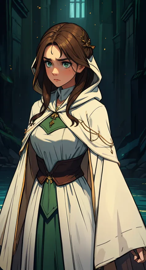 A beautiful flushed woman with green eyes and brown hair she is a sorceress wearing white and gold noble robes With hood A princ...